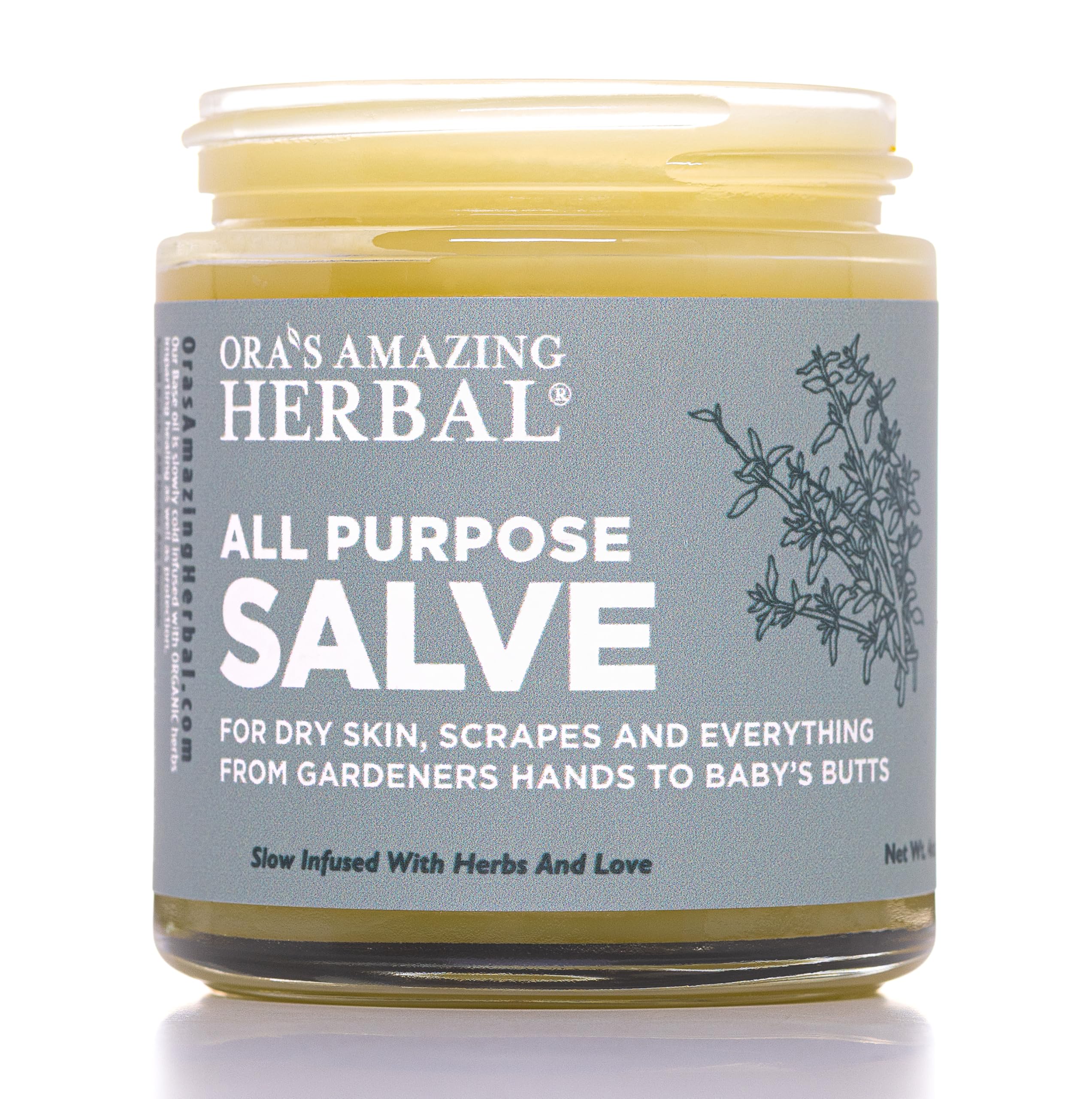 Ora's Amazing Herbal Salve bottle front view demonstrates all-purpose skin care.