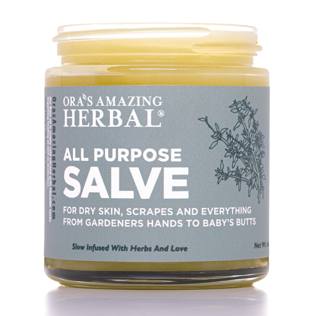 Ora's Amazing Herbal Salve bottle front view demonstrates all-purpose skin care.