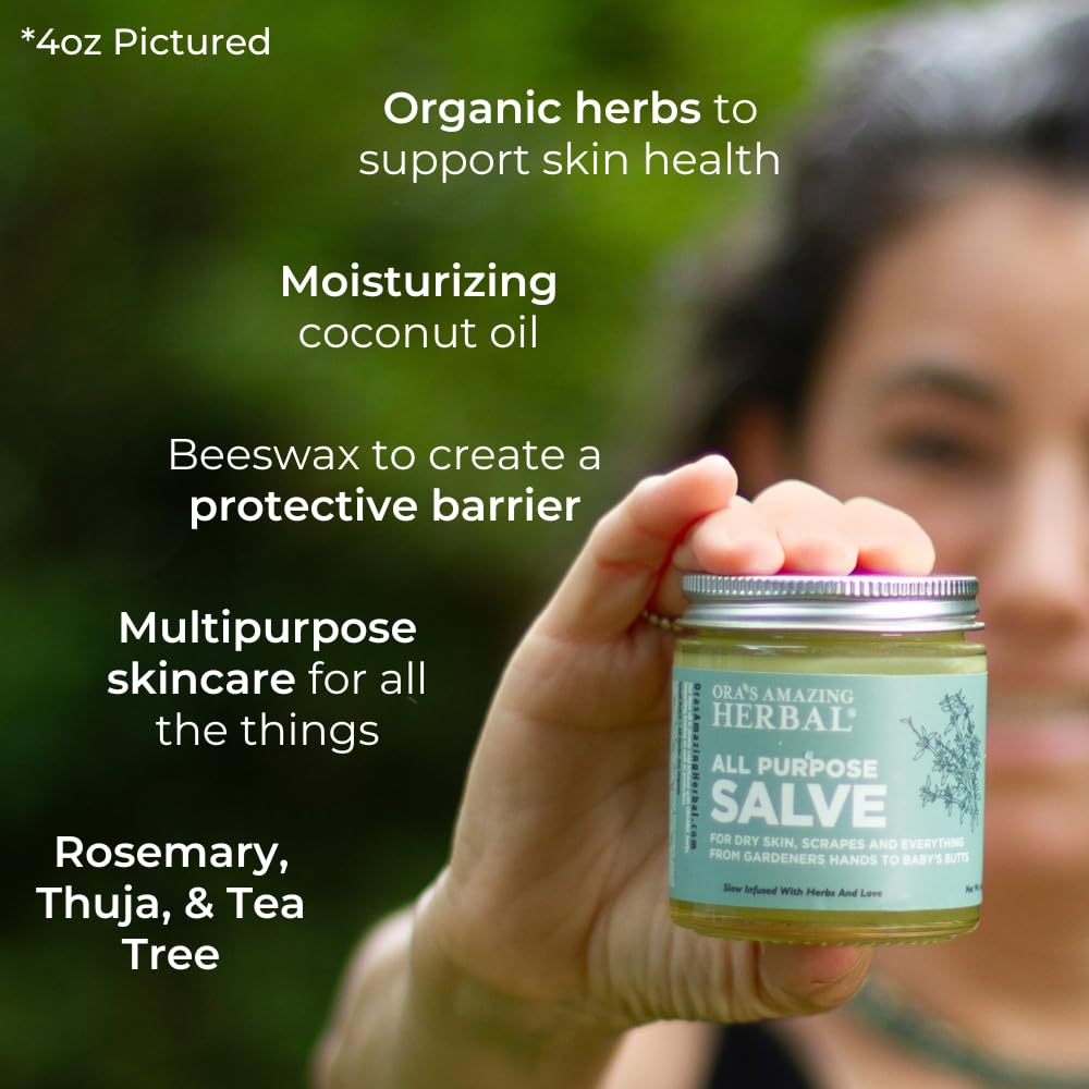 Ora's Amazing Herbal Salve 4 oz jar closeup shows natural ingredients for daily skin care.