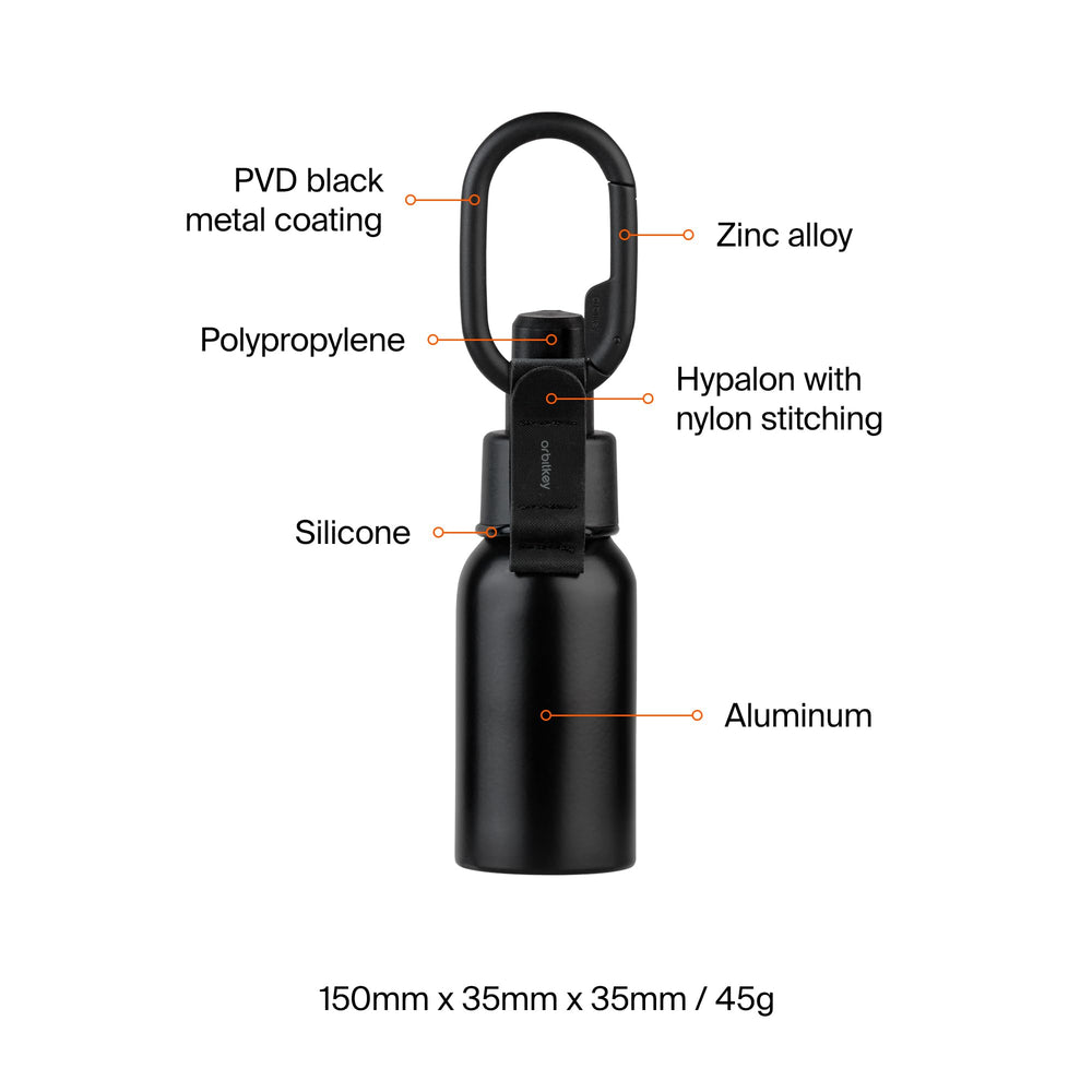 Orbitkey bottle in black showcased on bag with clip for travel.