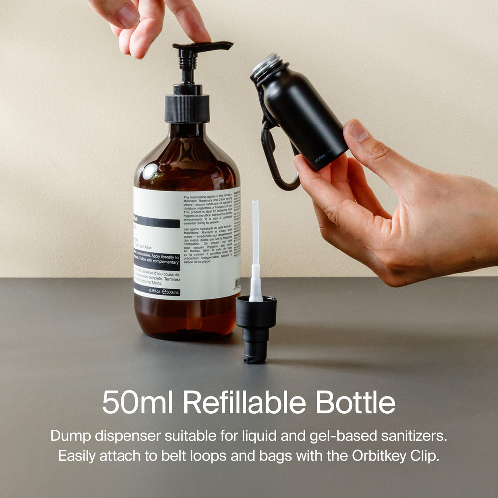 Orbitkey 50ml aluminum bottle with pump head close-up.