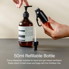 Orbitkey 50ml aluminum bottle with pump head close-up.