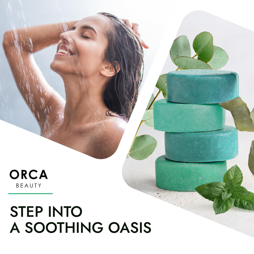 Orca Beauty shower tablet closeup highlighting natural essential oils