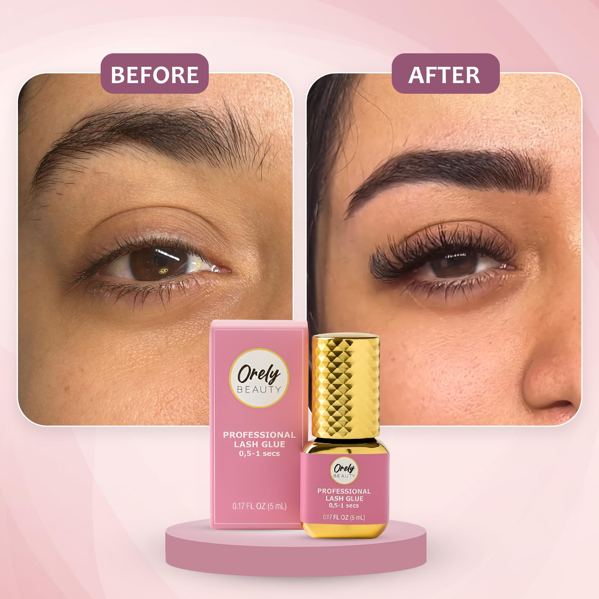Orely Beauty adhesive with luxe gold blush packaging for professional salons.