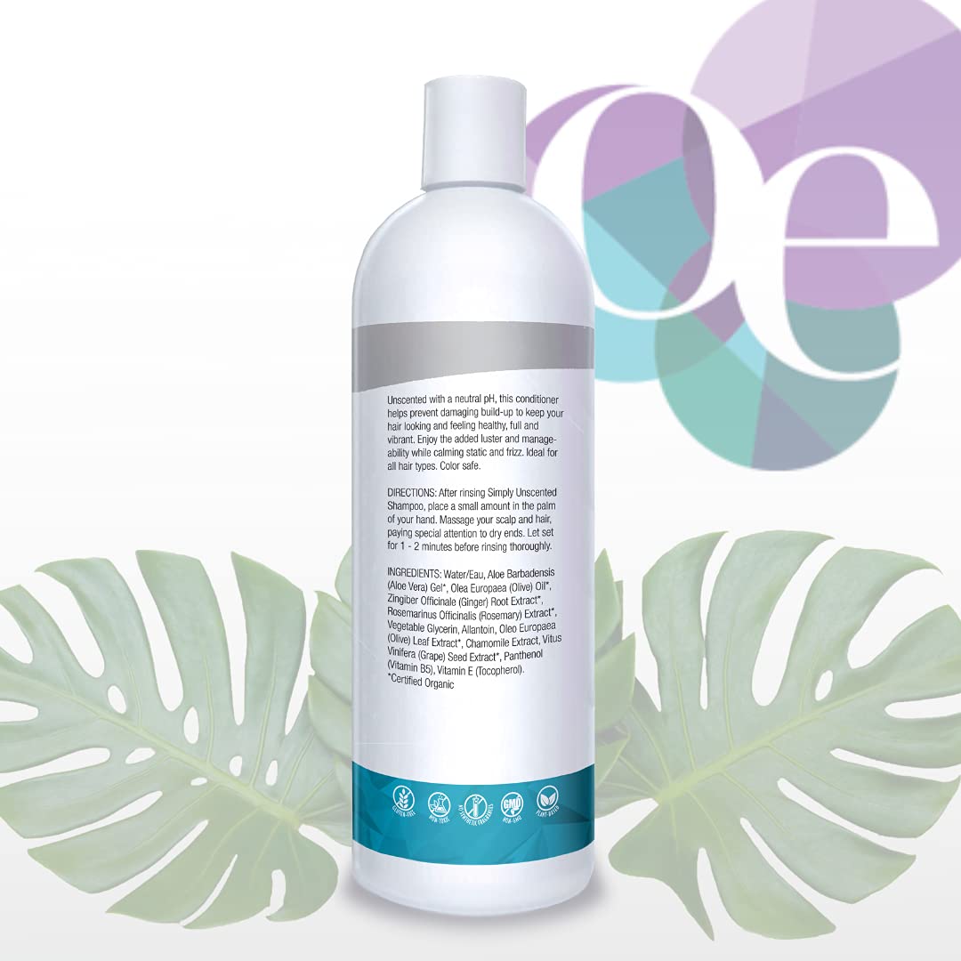 Organic Excellence conditioner label highlighting fragrance-free, color-safe blend for all hair types