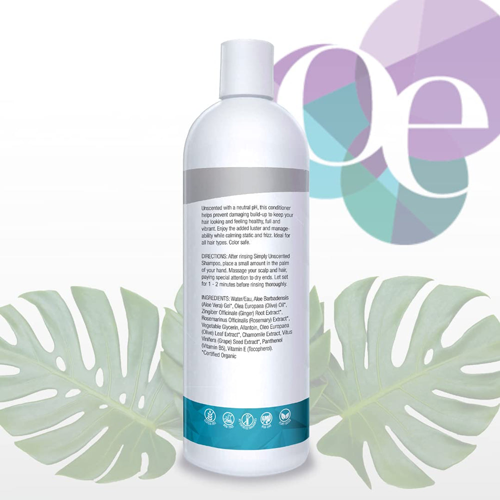 Organic Excellence conditioner label highlighting fragrance-free, color-safe blend for all hair types