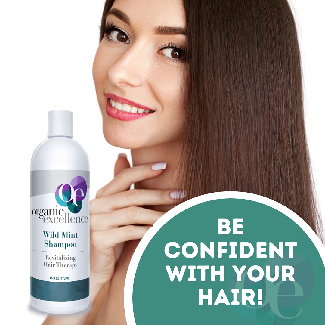 Organic Excellence Wild Mint Rosemary shampoo ingredients panel showcases Aloe and Peppermint.