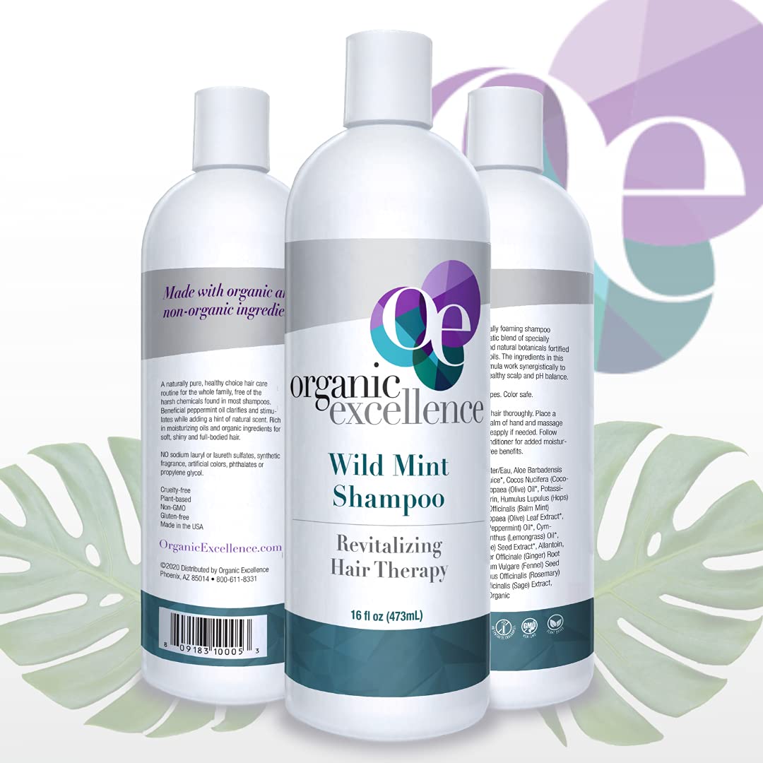 Organic Excellence Wild Mint Rosemary shampoo label highlights natural ingredients for healthy hair.