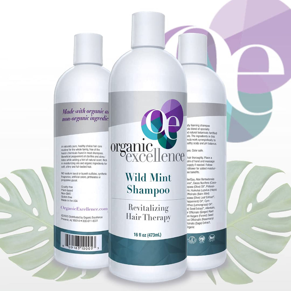 Organic Excellence Wild Mint Rosemary shampoo label highlights natural ingredients for healthy hair.