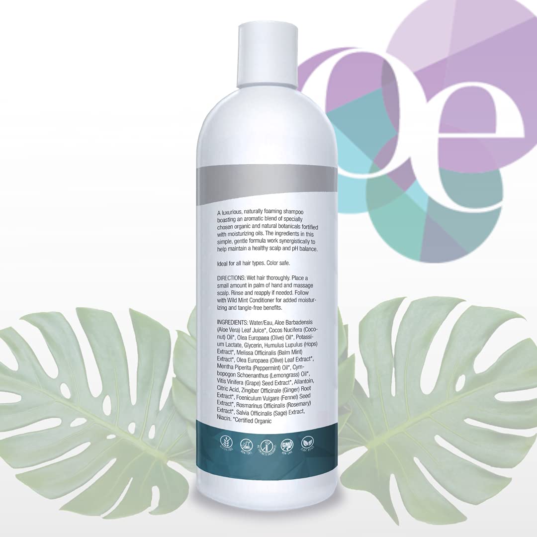 Organic Excellence Wild Mint Rosemary shampoo pour shot emphasizes easy, gentle cleansing.