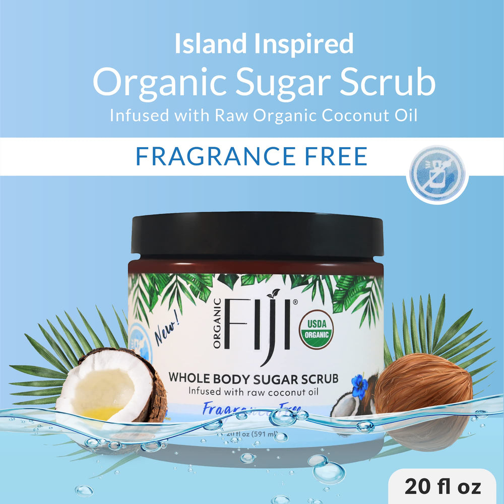 Organic Fiji scrub jar with botanicals ready for a pampering body treatment.