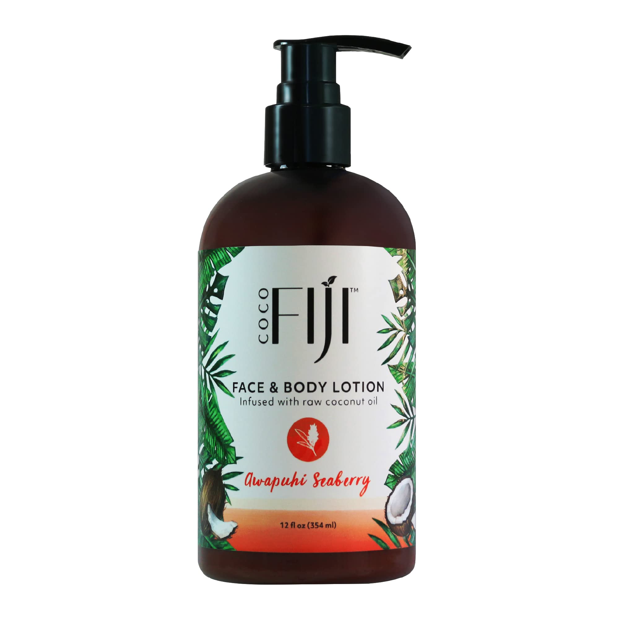 Organic Fiji Coco Fiji face and body lotion bottle delivering hydration for dry skin.