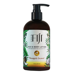 Organic Fiji Coco Fiji lotion bottle highlighting coconut oil nourishment for skin.