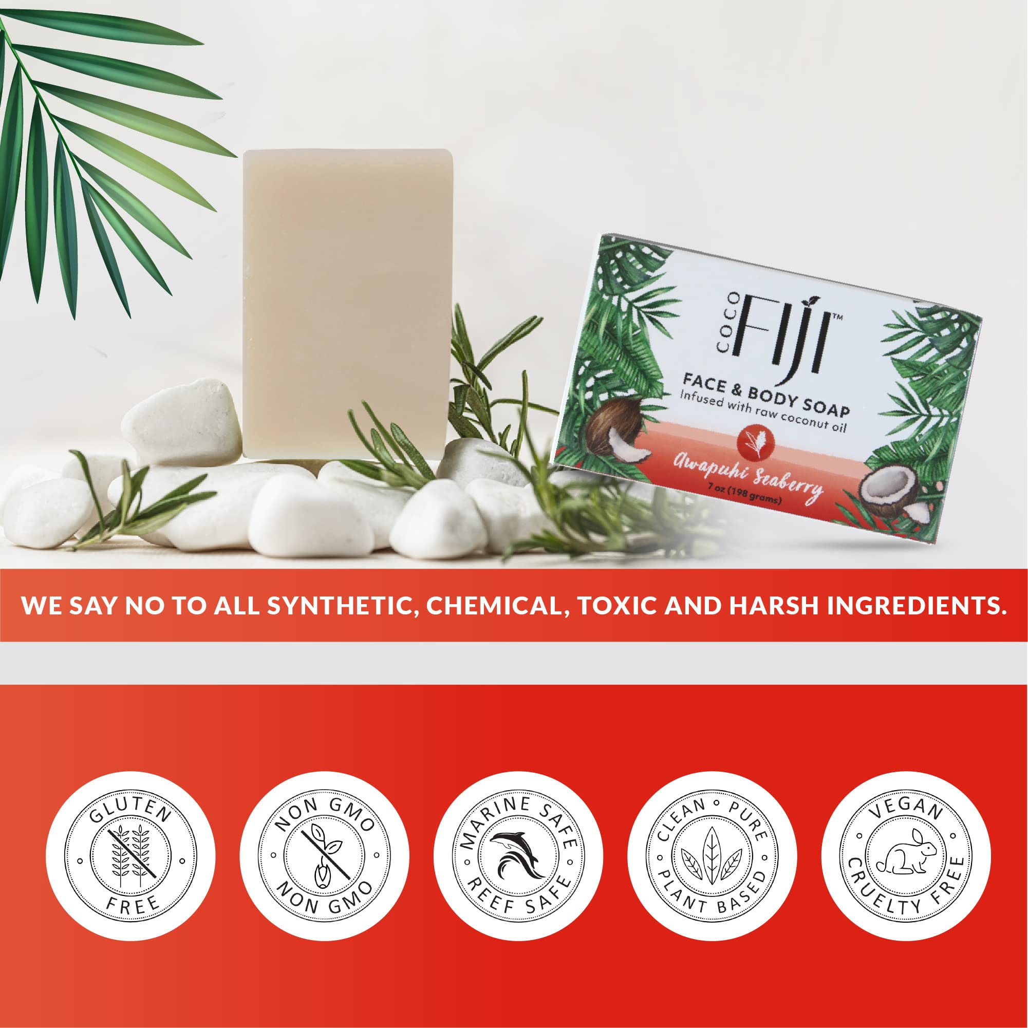 Organic Fiji Coco Fiji Soap Bar is non-comedogenic and pH balanced for all skin types.