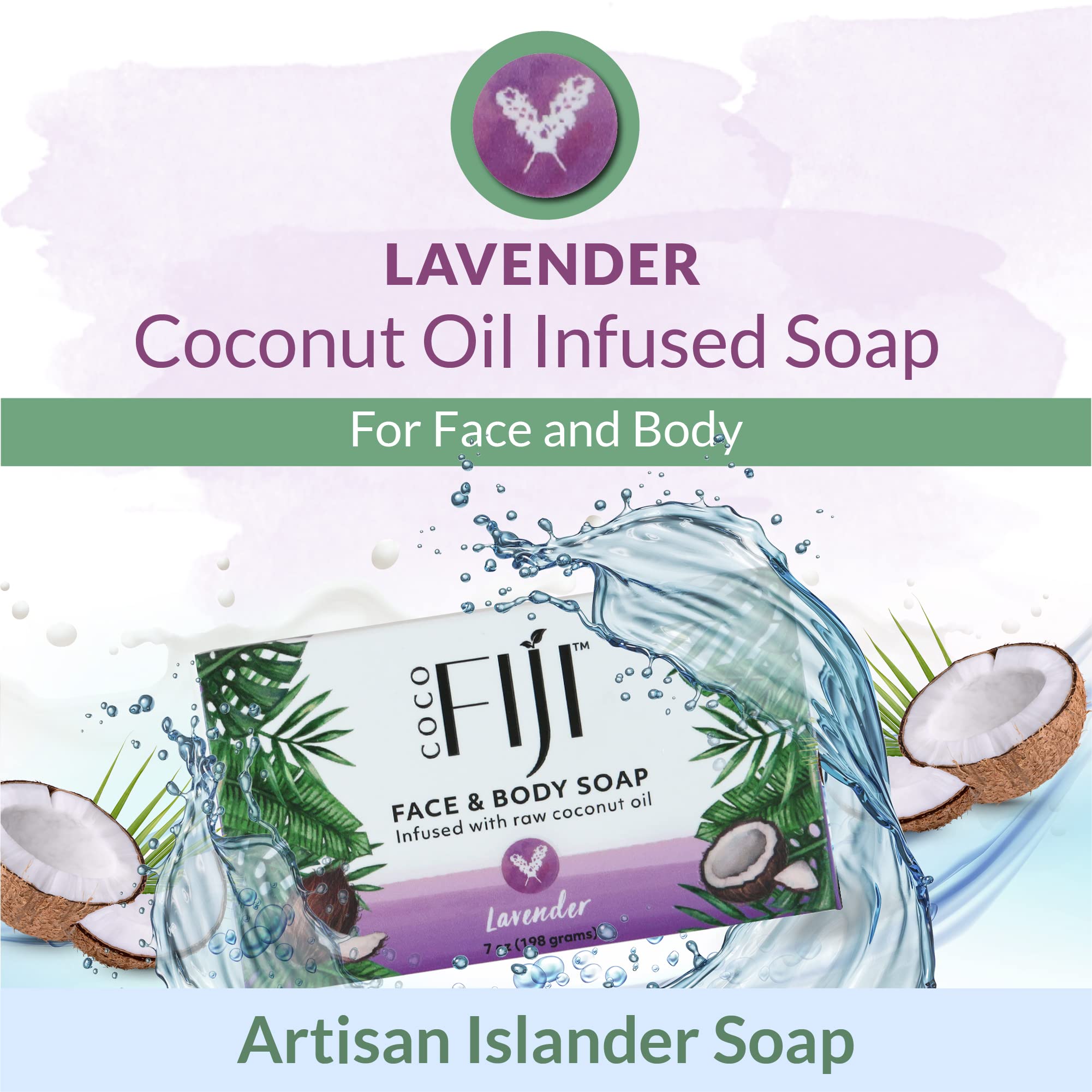 Organic Fiji Coco Fiji Soap Bar Lavender Scent shot indicating calming aroma.
