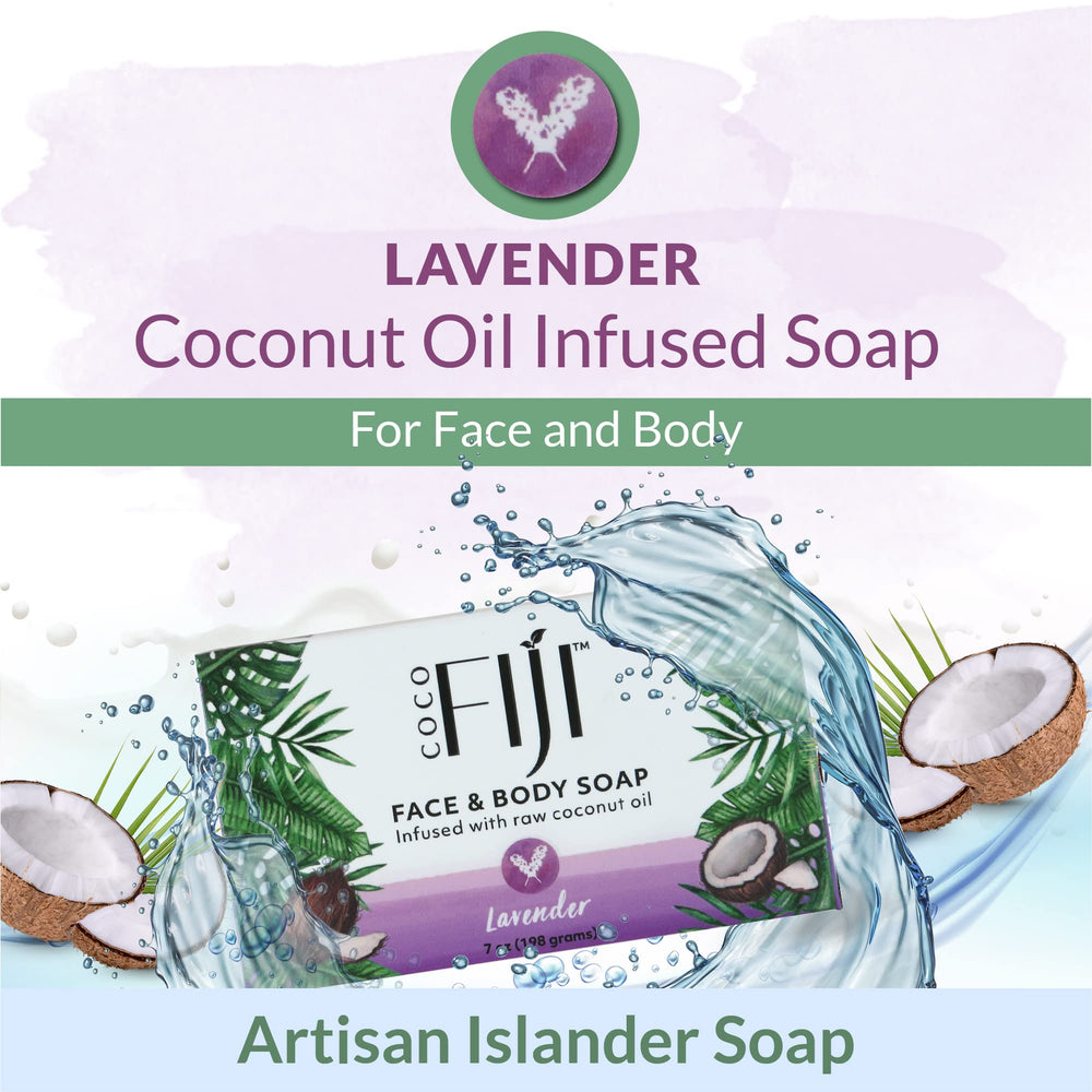 Organic Fiji Coco Fiji Soap Bar Lavender Scent shot indicating calming aroma.