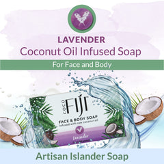 Organic Fiji Coco Fiji Soap Bar Lavender Scent shot indicating calming aroma.