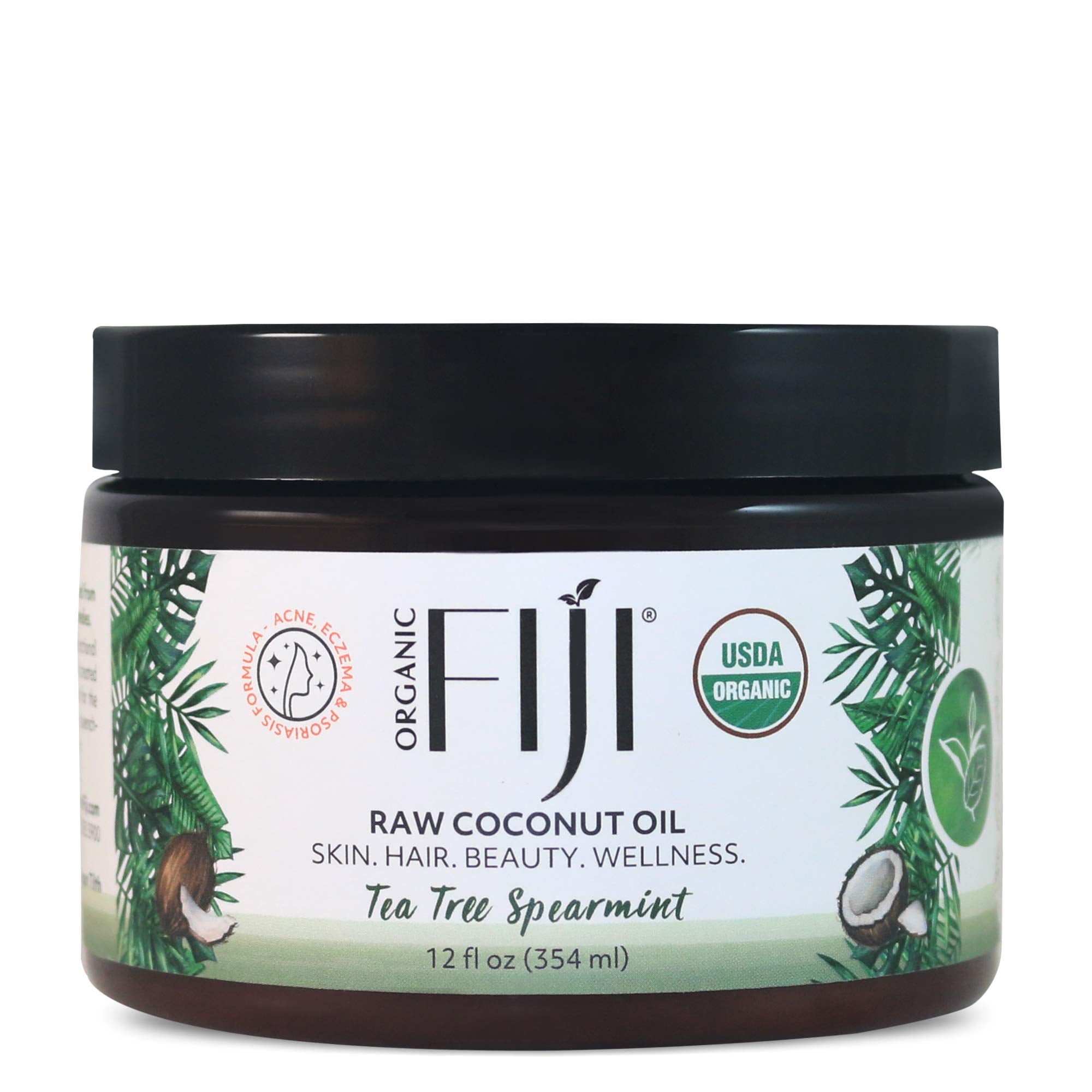 Organic Fiji coconut oil bottle showing versatile skincare and hair care use cases