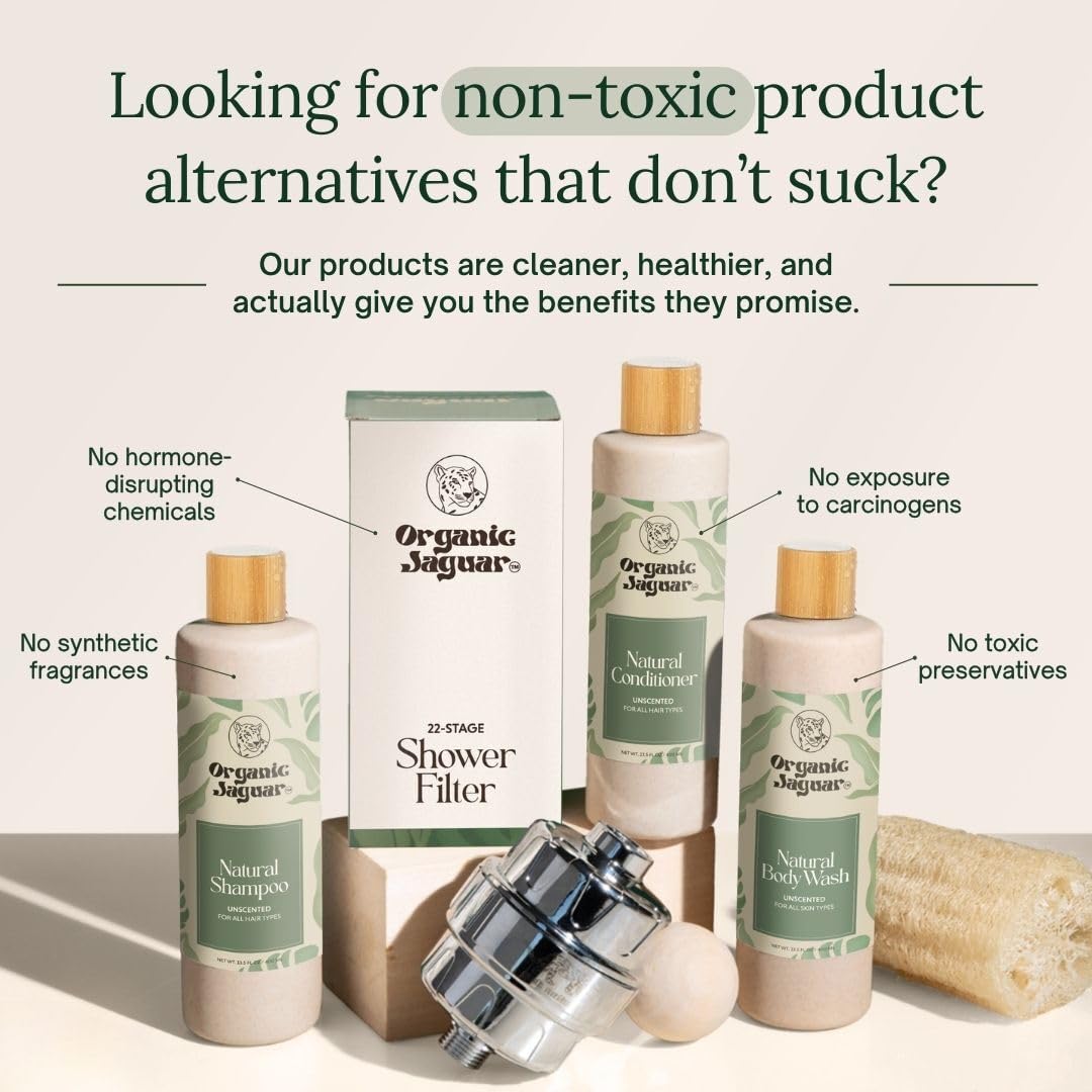 Organic Jaguar Natural Shampoo ingredients icons with aloe vera and honey for hydration.