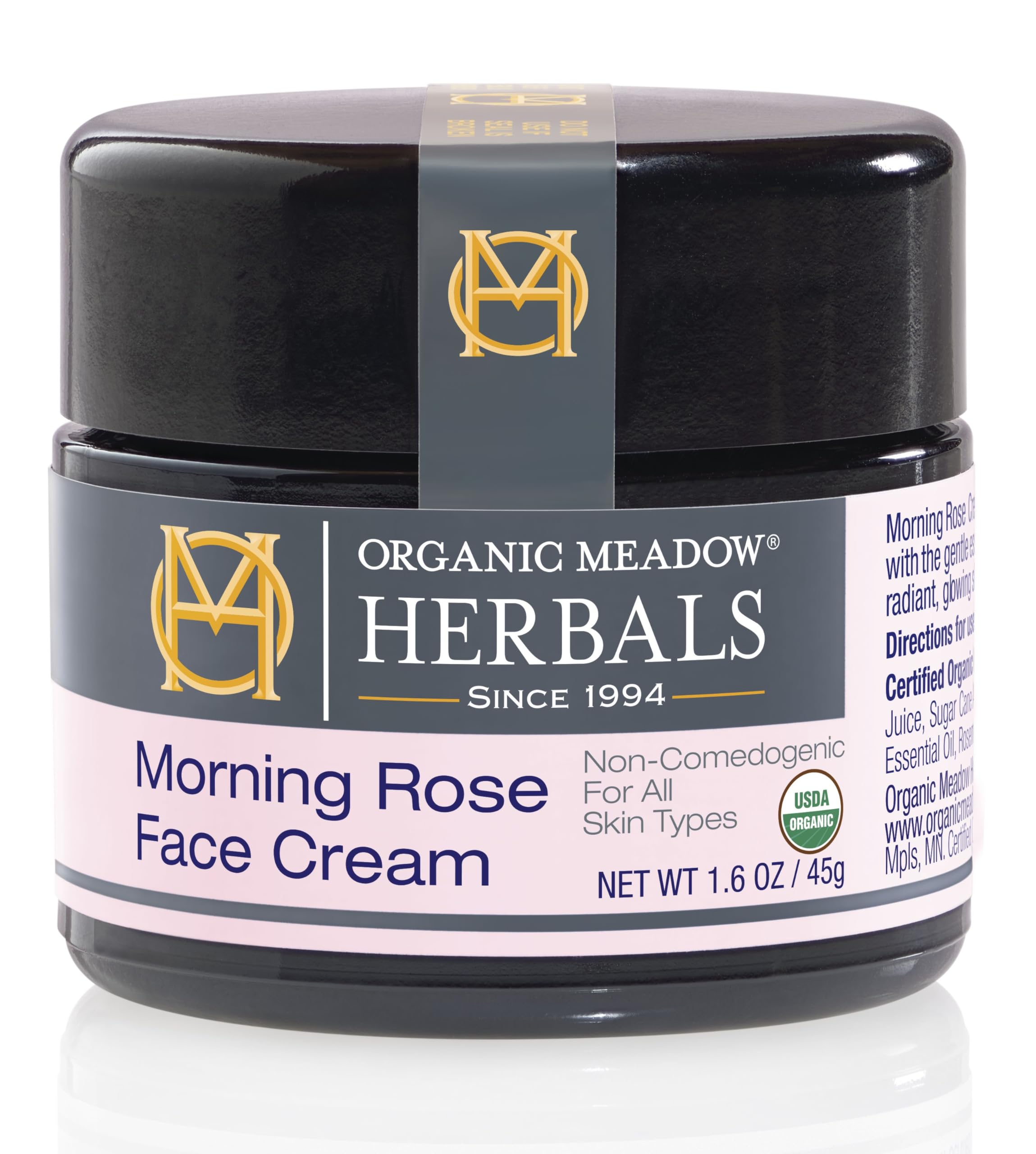Organic Meadow Herbals Morning Rose Face Cream jar balances and illuminates skin