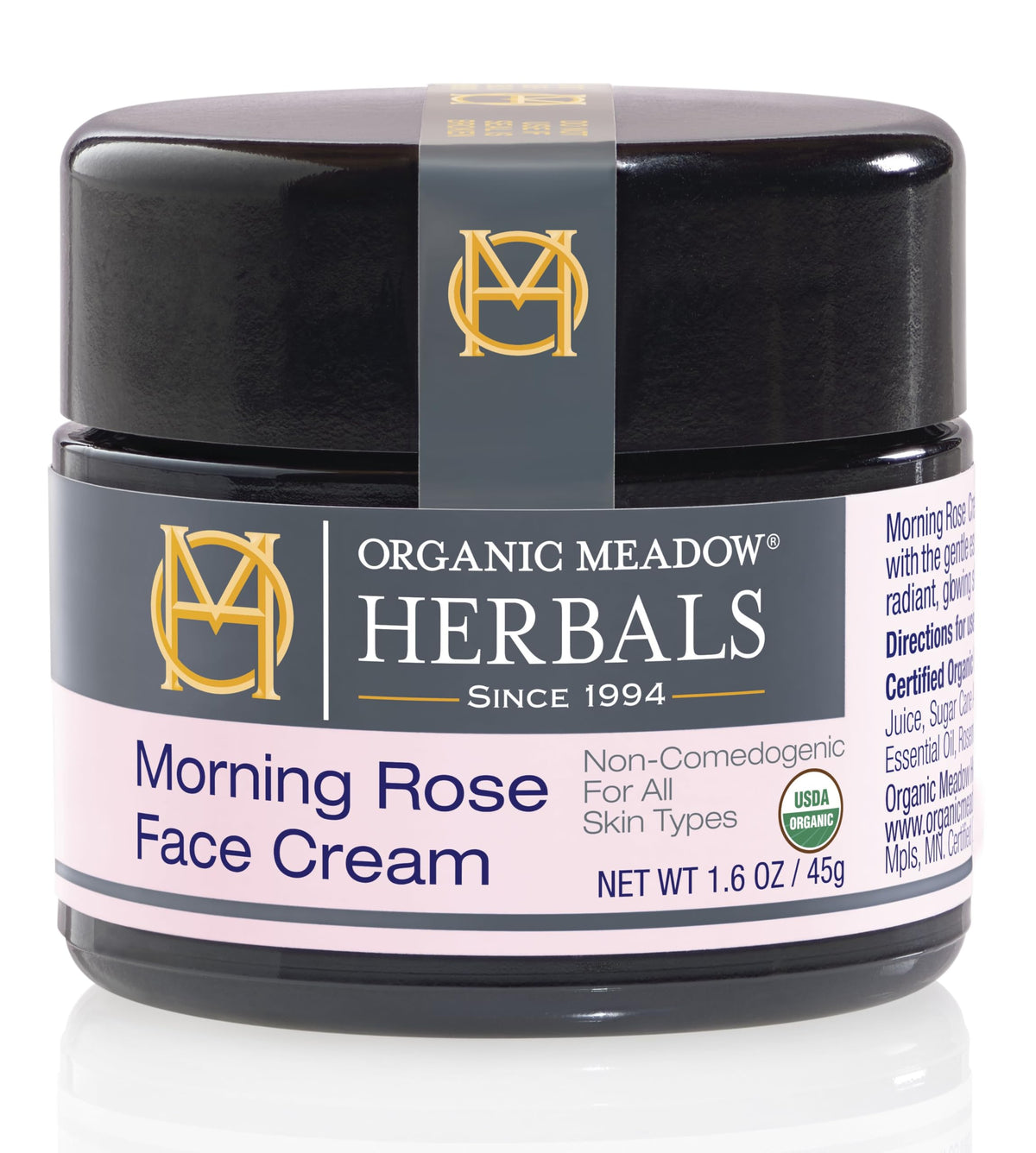 Organic Meadow Herbals Morning Rose Face Cream jar balances and illuminates skin
