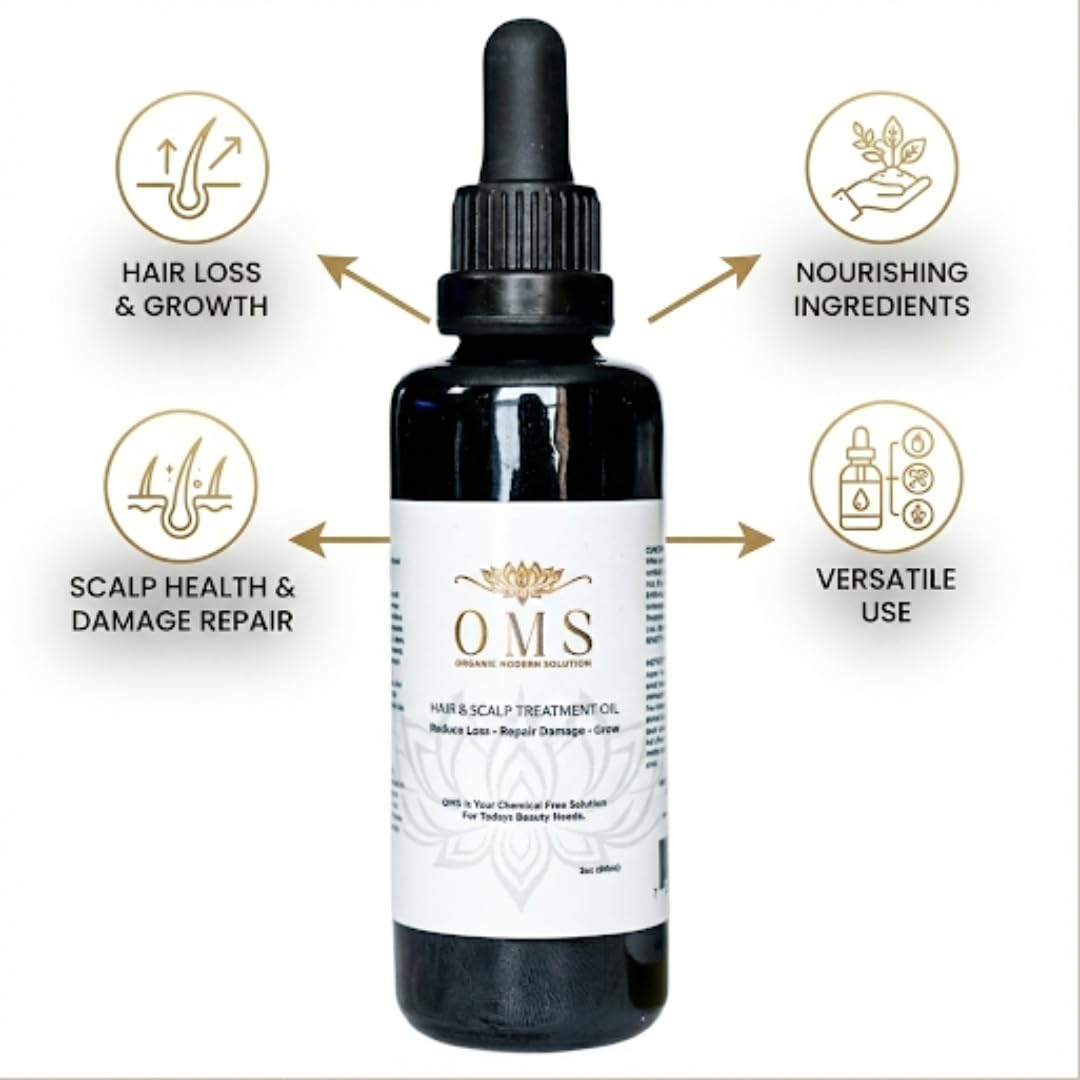 ORGANIC MODERN SOLUTION OMS pre-shampoo oil bottle pour shows easy root-to-tip nourishment