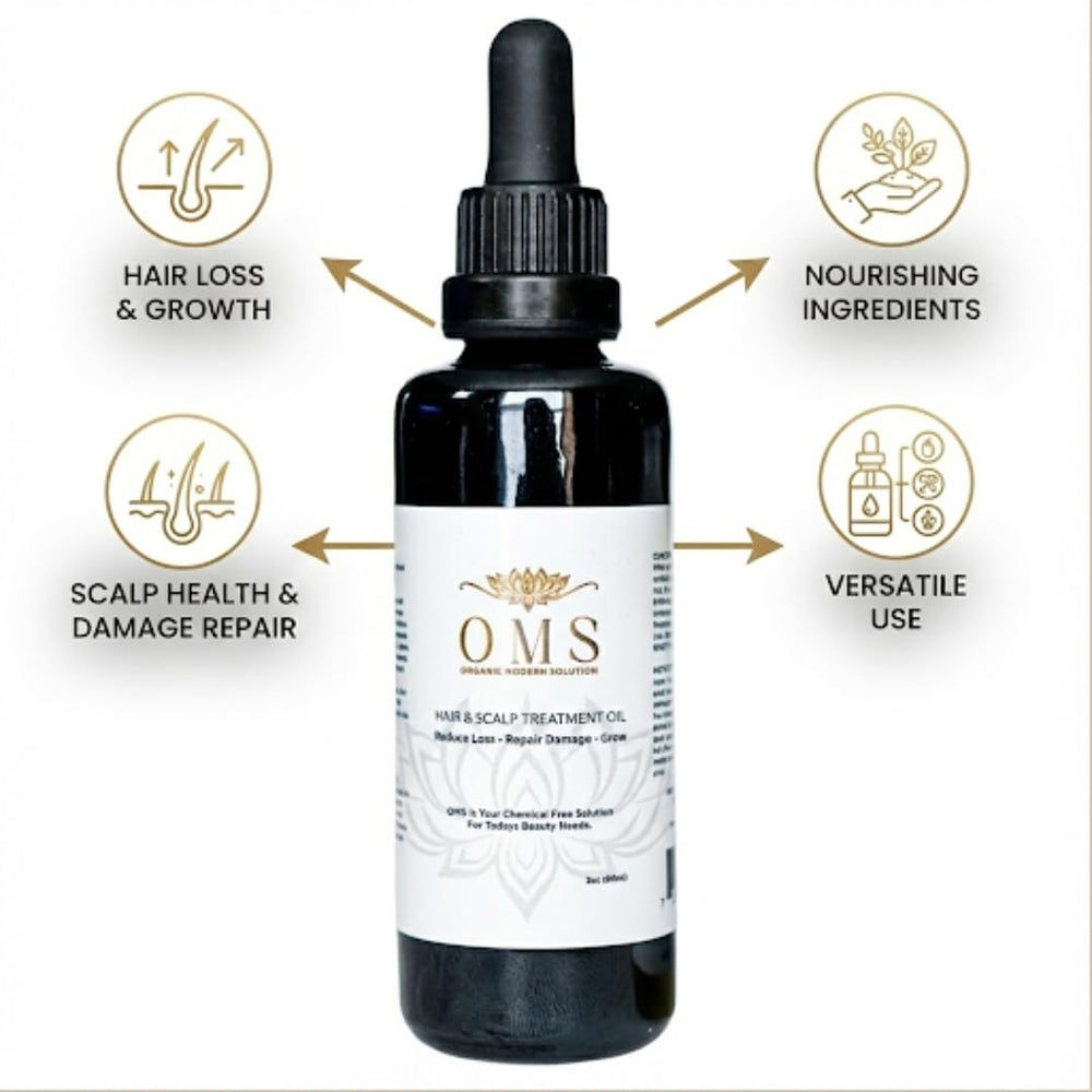 ORGANIC MODERN SOLUTION OMS pre-shampoo oil bottle pour shows easy root-to-tip nourishment