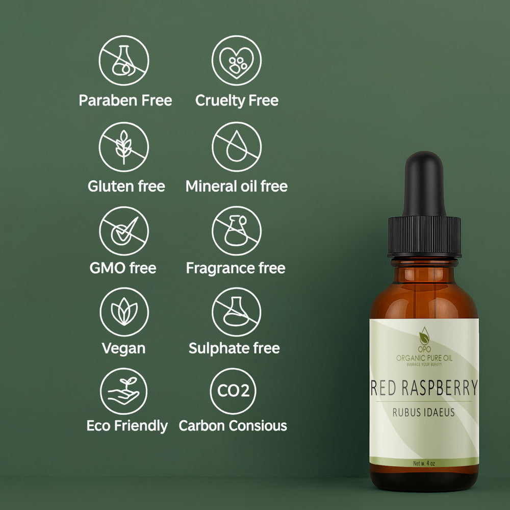 Hair care with Organic Pure Oil Red Raspberry Seed Oil on hair strands.