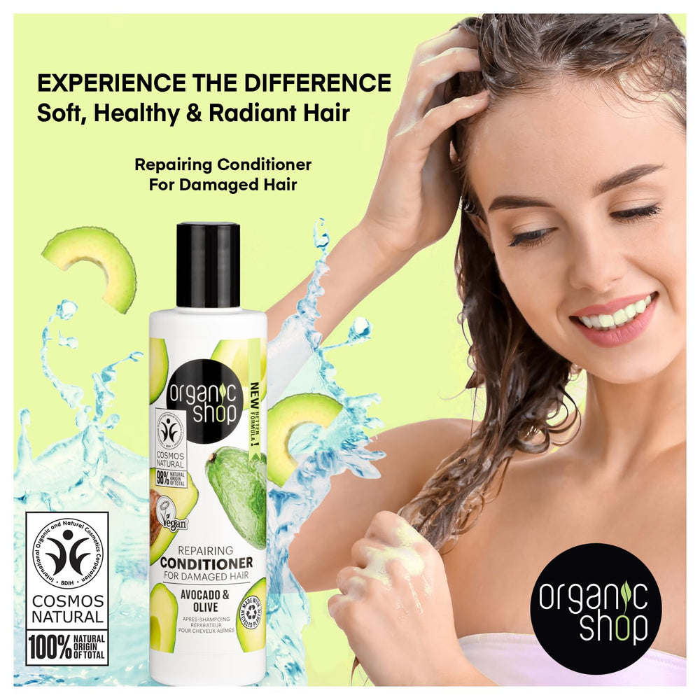 Organic Shop Avocado Repairing Conditioner olive-oil ingredient close-up nourishes hair