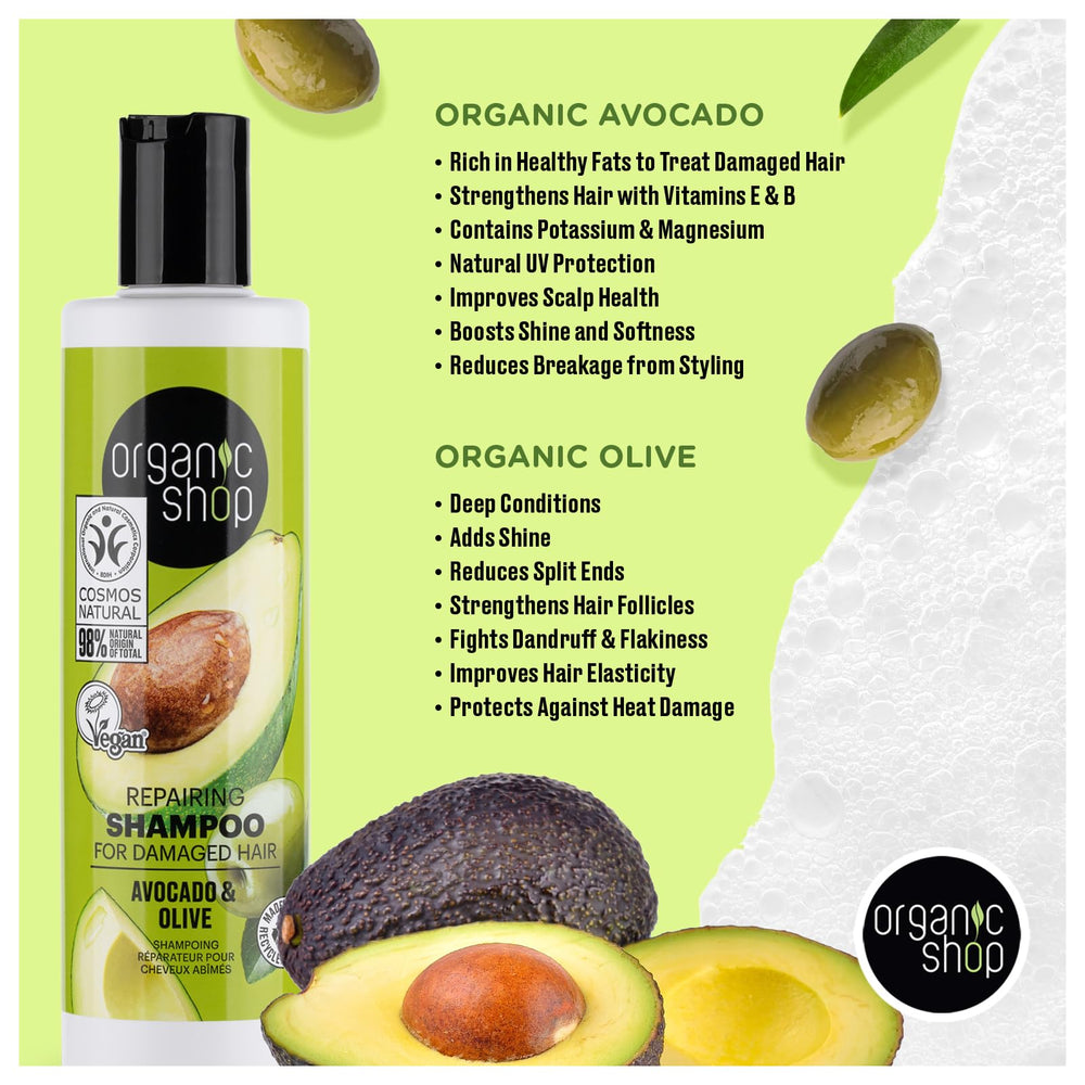 Organic Shop Avocado Repairing Shampoo avocado-oil ingredient close-up highlights moisture
