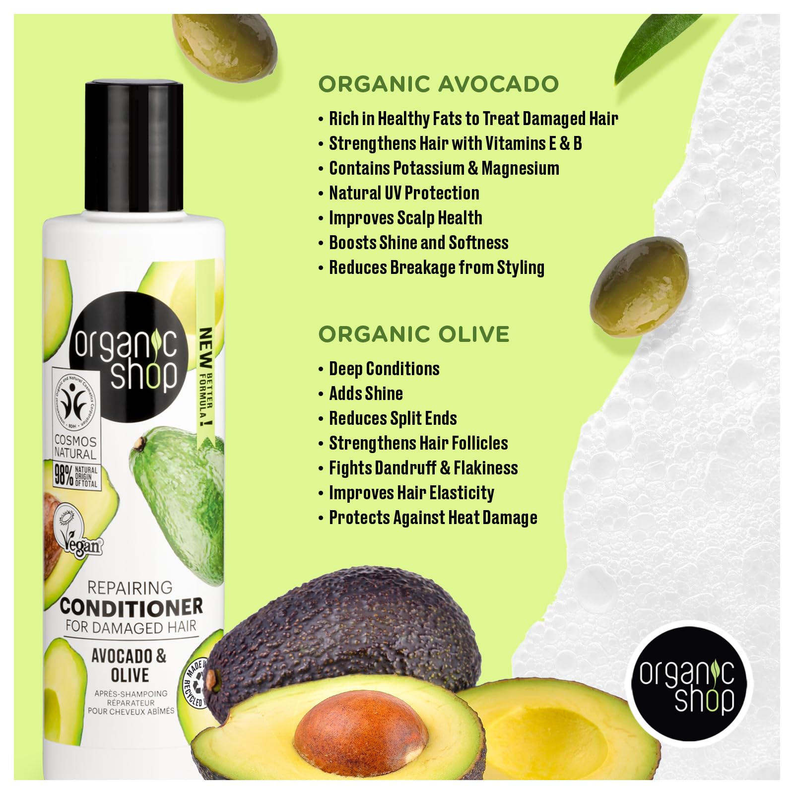 Organic Shop Avocado Repairing Shampoo lemon-scent close-up evokes scalp refresh