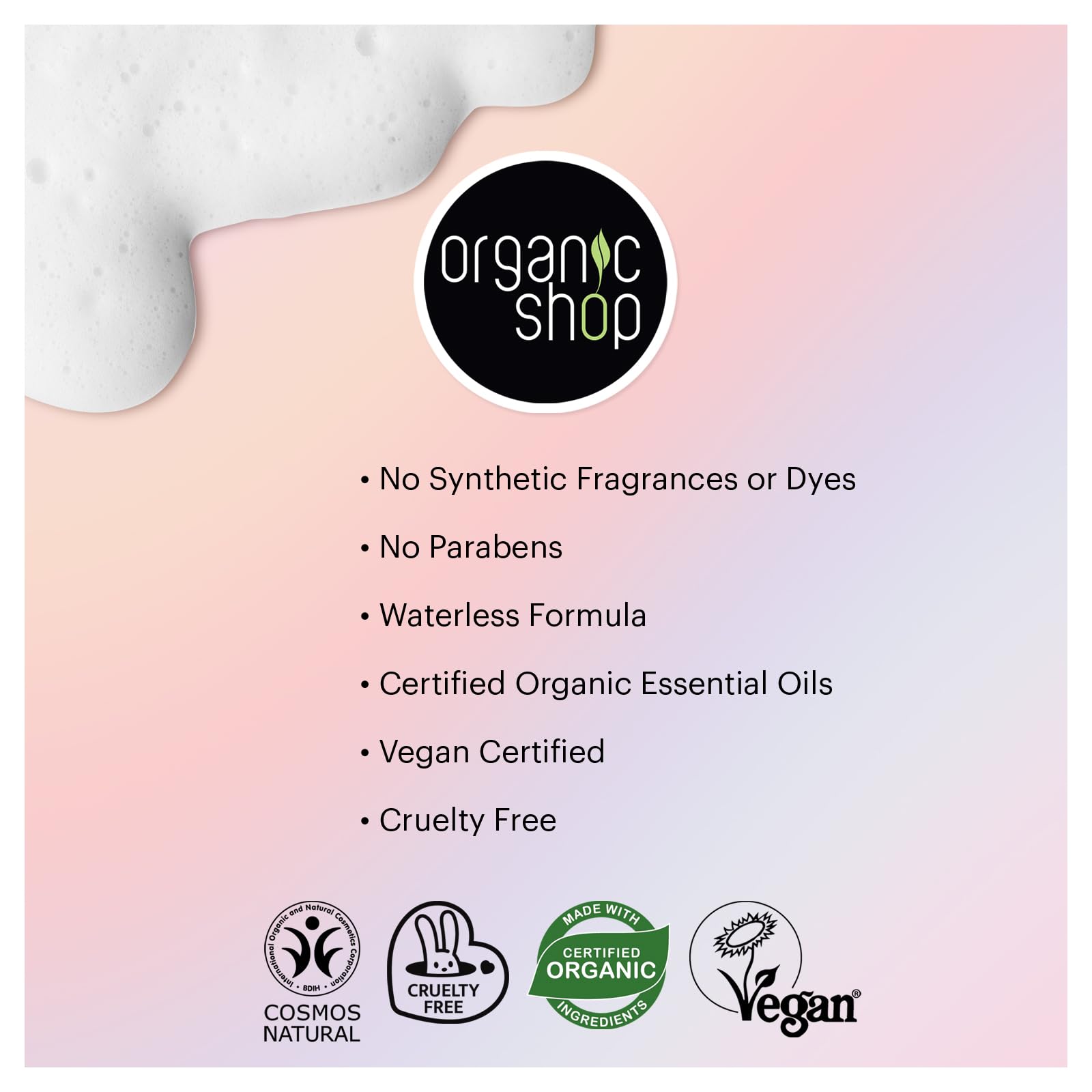 Organic Shop Cosmos Natural certification badge signals trusted purity