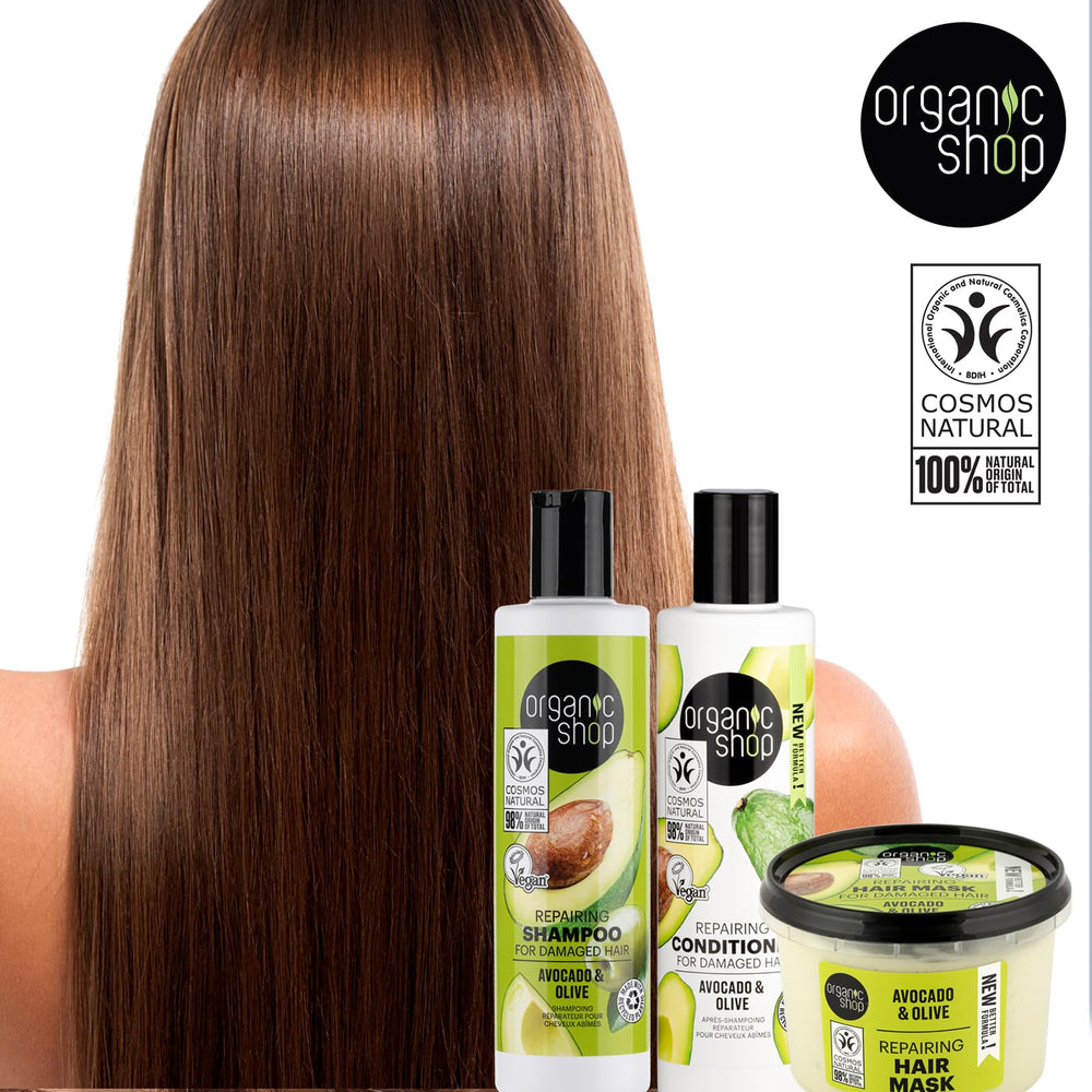 Organic Shop label shows free-from synthetic fragrances, dyes, and parabens
