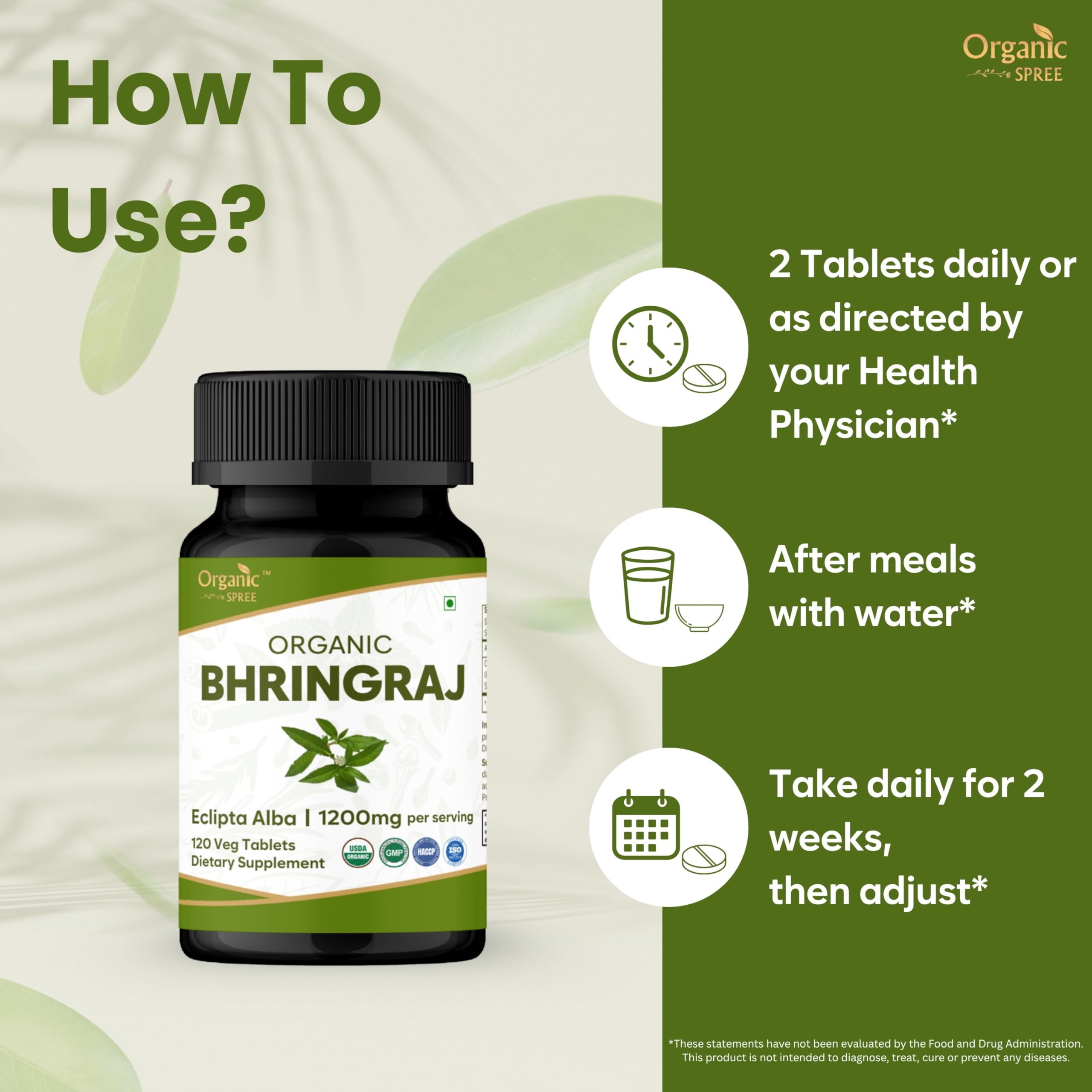 Packaging shows Organic Spree Bhringraj USDA Organic certification and plant-based formula.