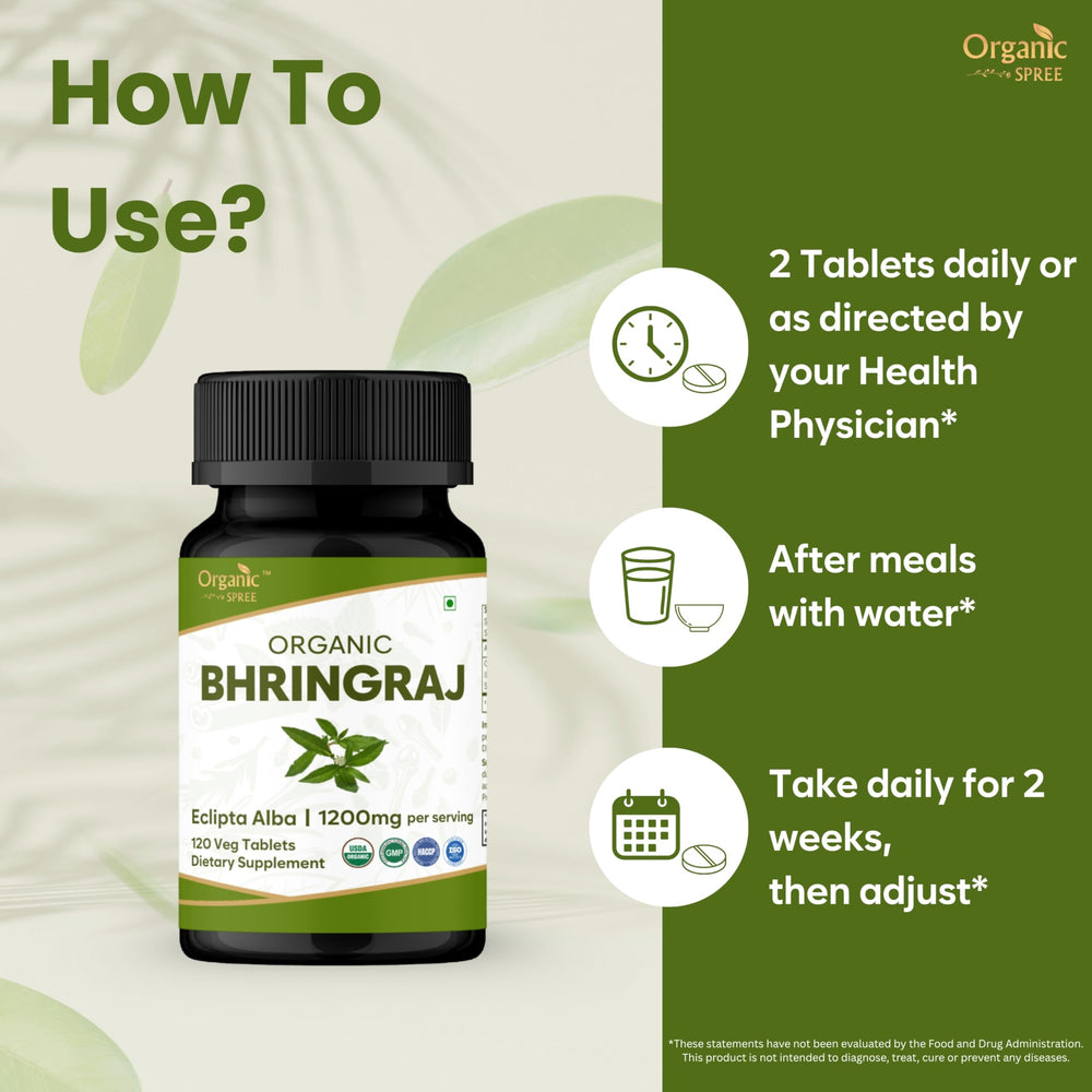 Packaging shows Organic Spree Bhringraj USDA Organic certification and plant-based formula.
