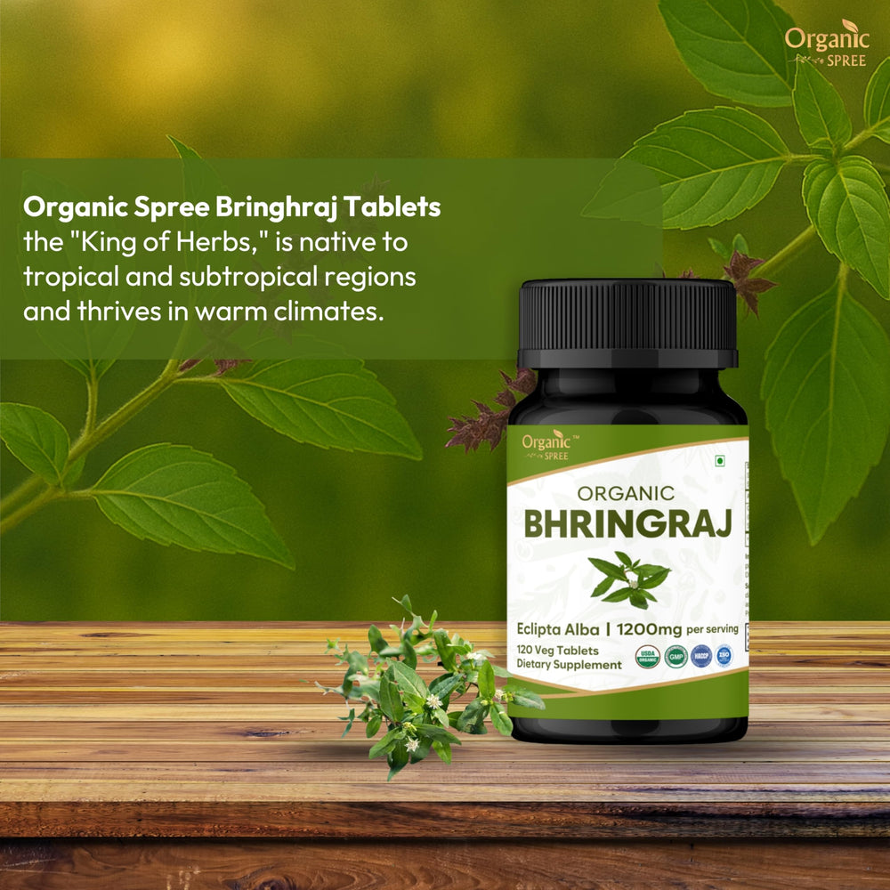 Close-up of Organic Spree Bhringraj tablets for daily hair care routine.