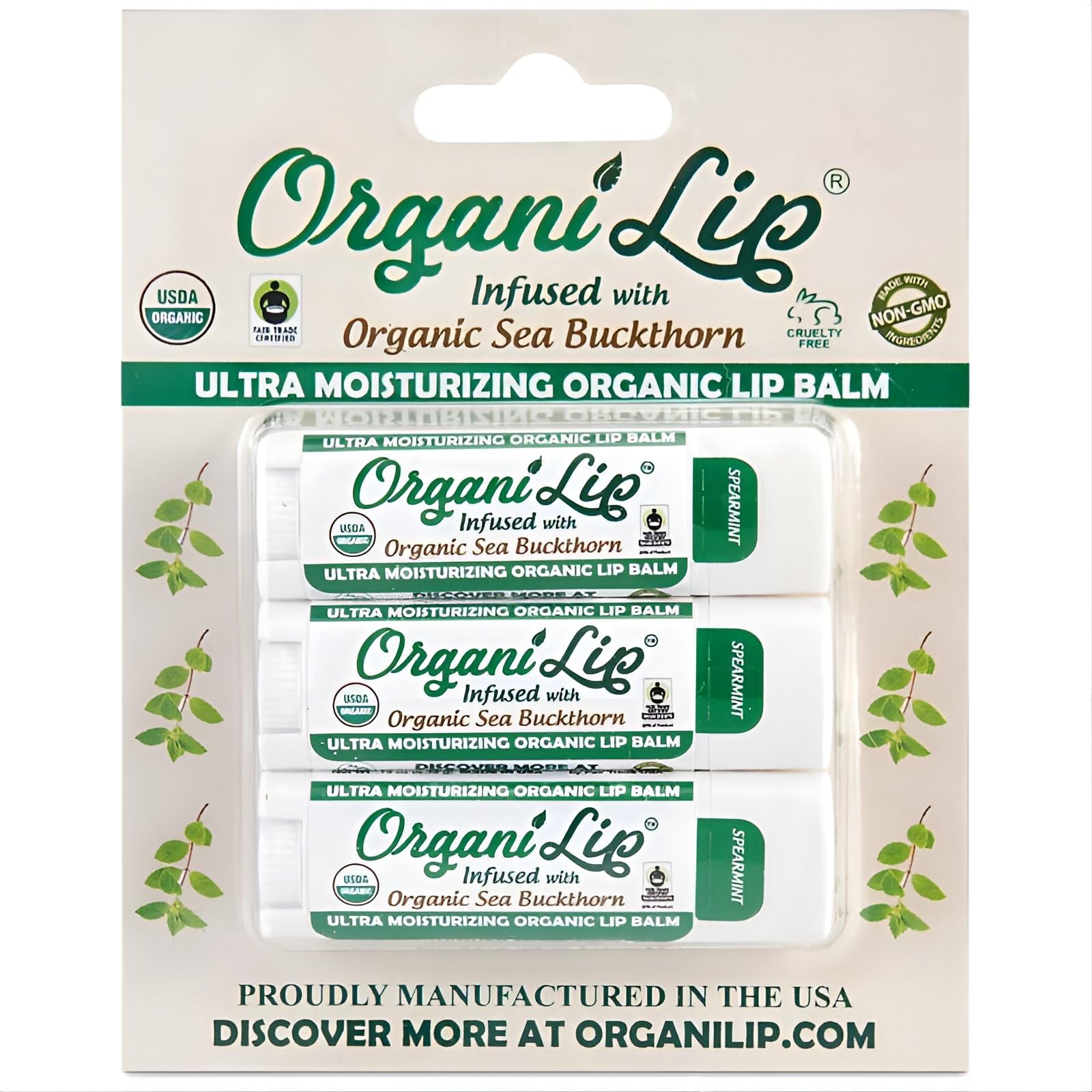 OrganiLip spearmint oval-tube 3-pack for convenient daily lip care.