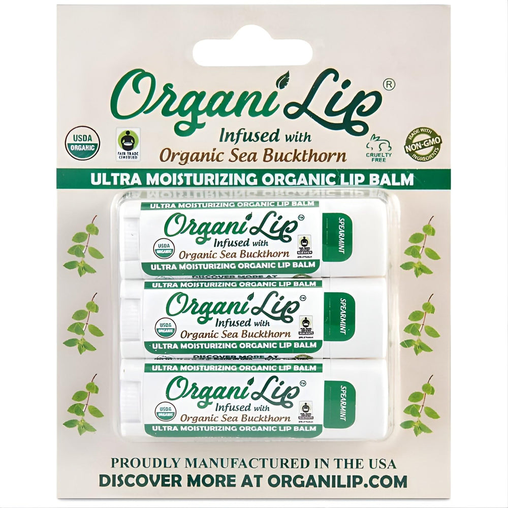 OrganiLip spearmint oval-tube 3-pack for convenient daily lip care.