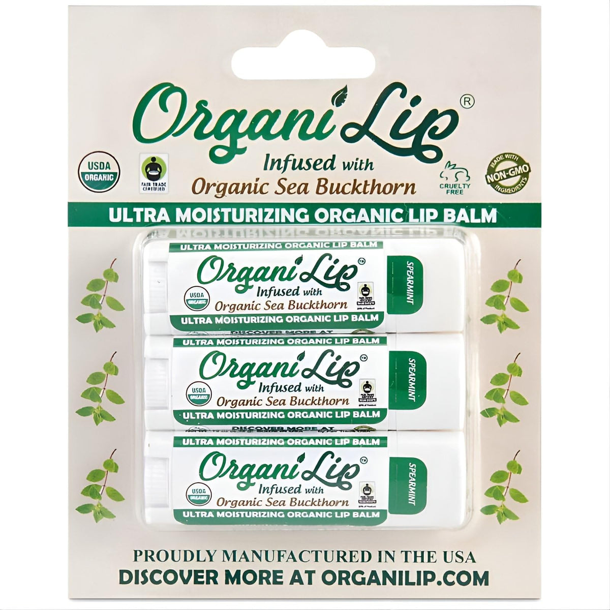 OrganiLip spearmint oval-tube 3-pack for convenient daily lip care.