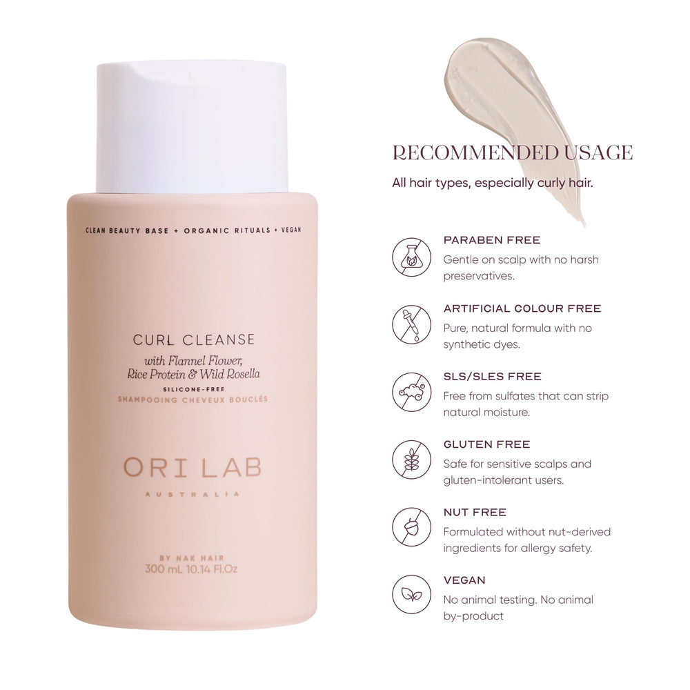 ORI LAB Curl Cleanse Australian-made badge on packaging.