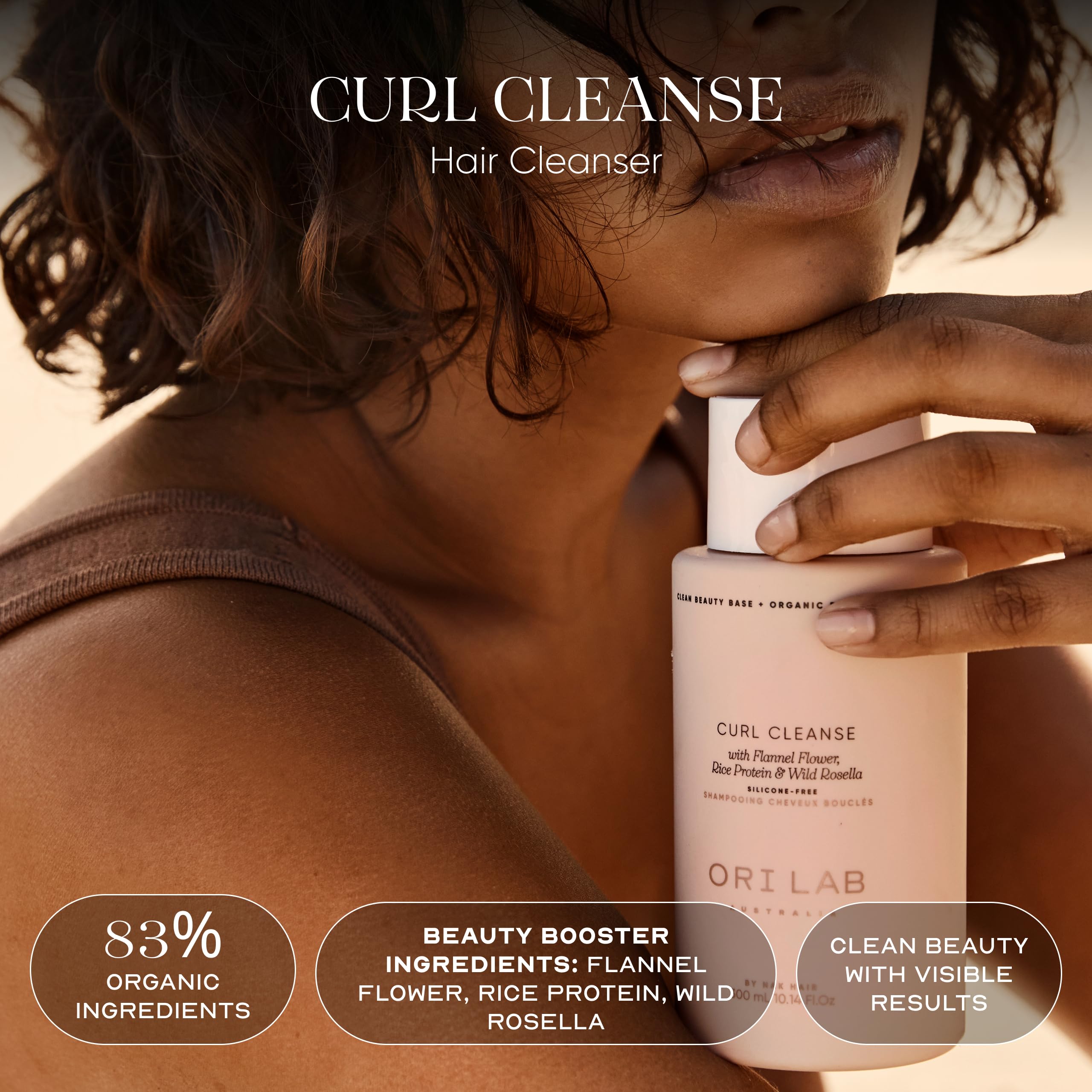ORI LAB Curl Cleanse bottle back label with organic ingredients and clean beauty base.