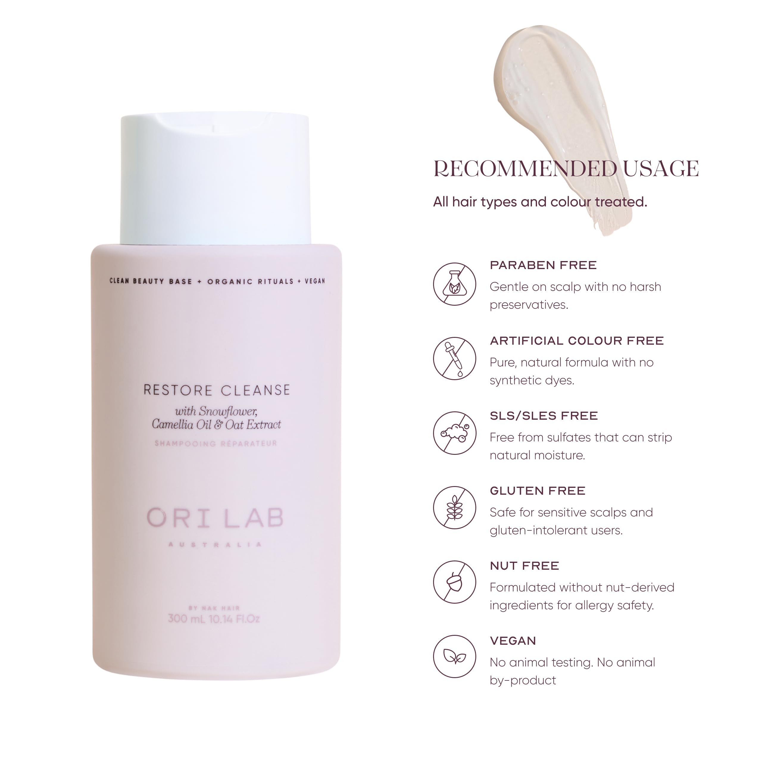 ORI LAB Restore Cleanse clean-beauty-base label highlights Niacinamide and Hyaluronic acid.