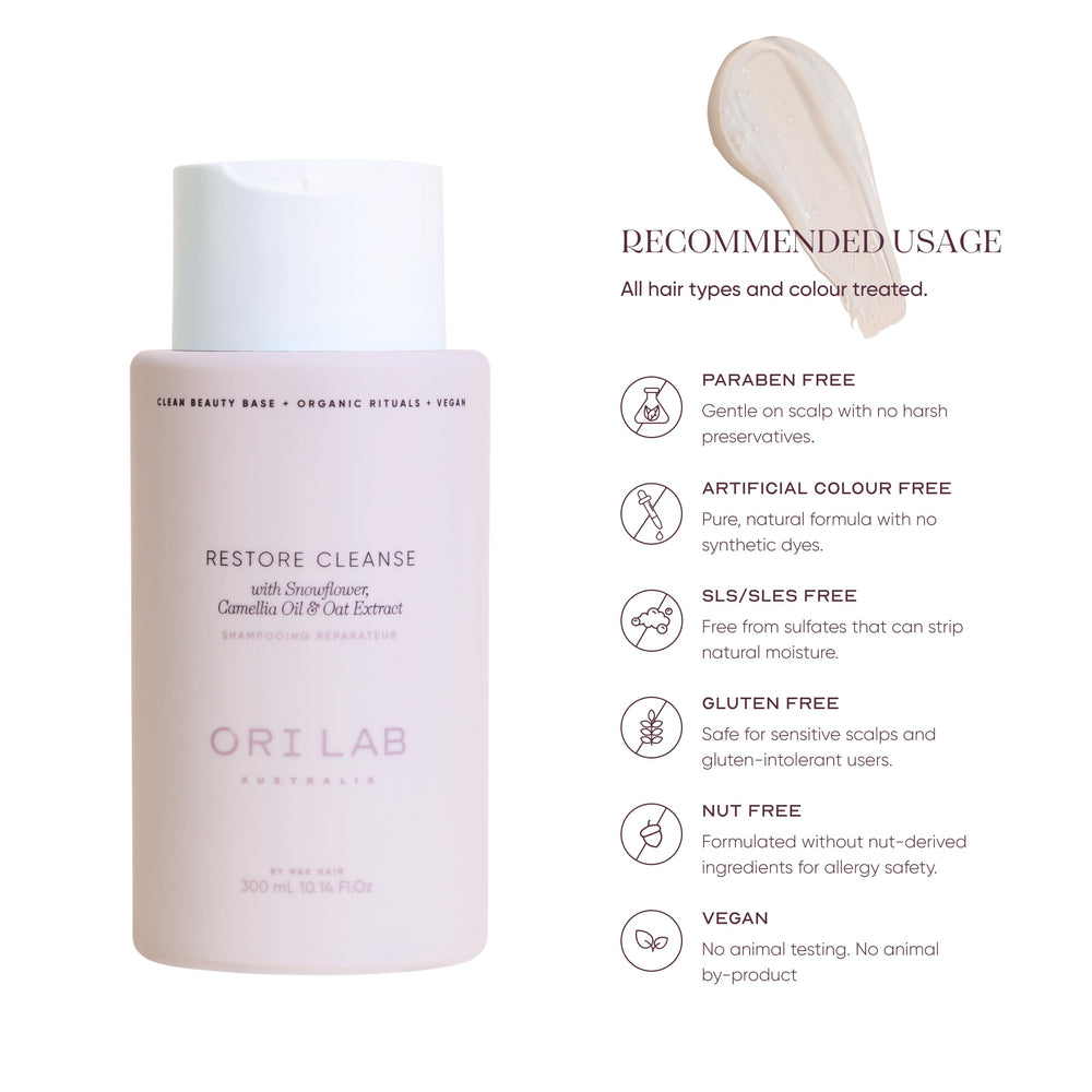 ORI LAB Restore Cleanse clean-beauty-base label highlights Niacinamide and Hyaluronic acid.