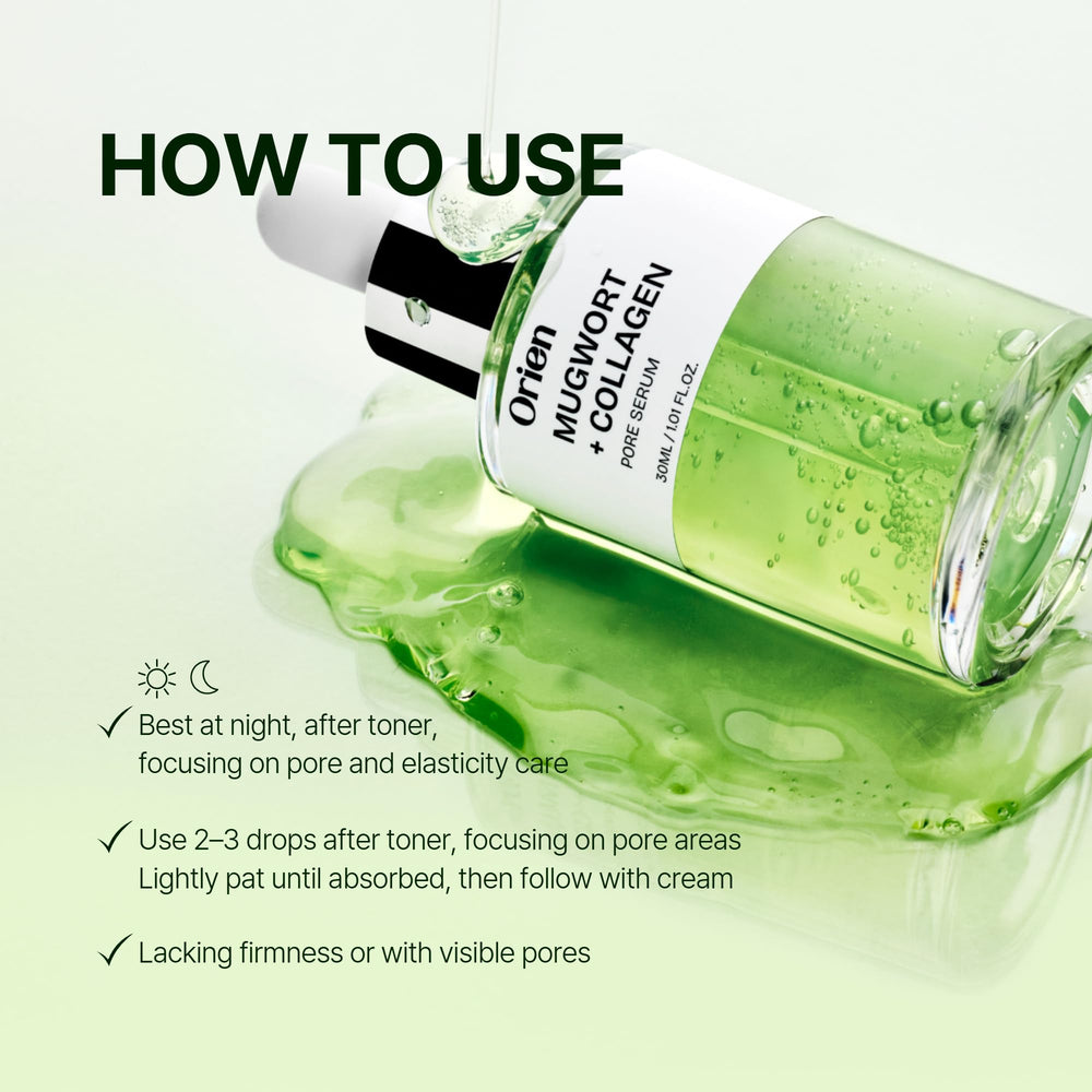 Orien Mugwort Collagen Pore Serum beside soft towels highlights sensitive skin suitability.