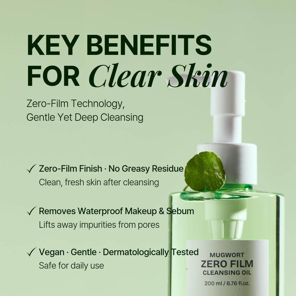 Orien Mugwort Zero Film Cleansing Oil pour action for easy rinse-off.