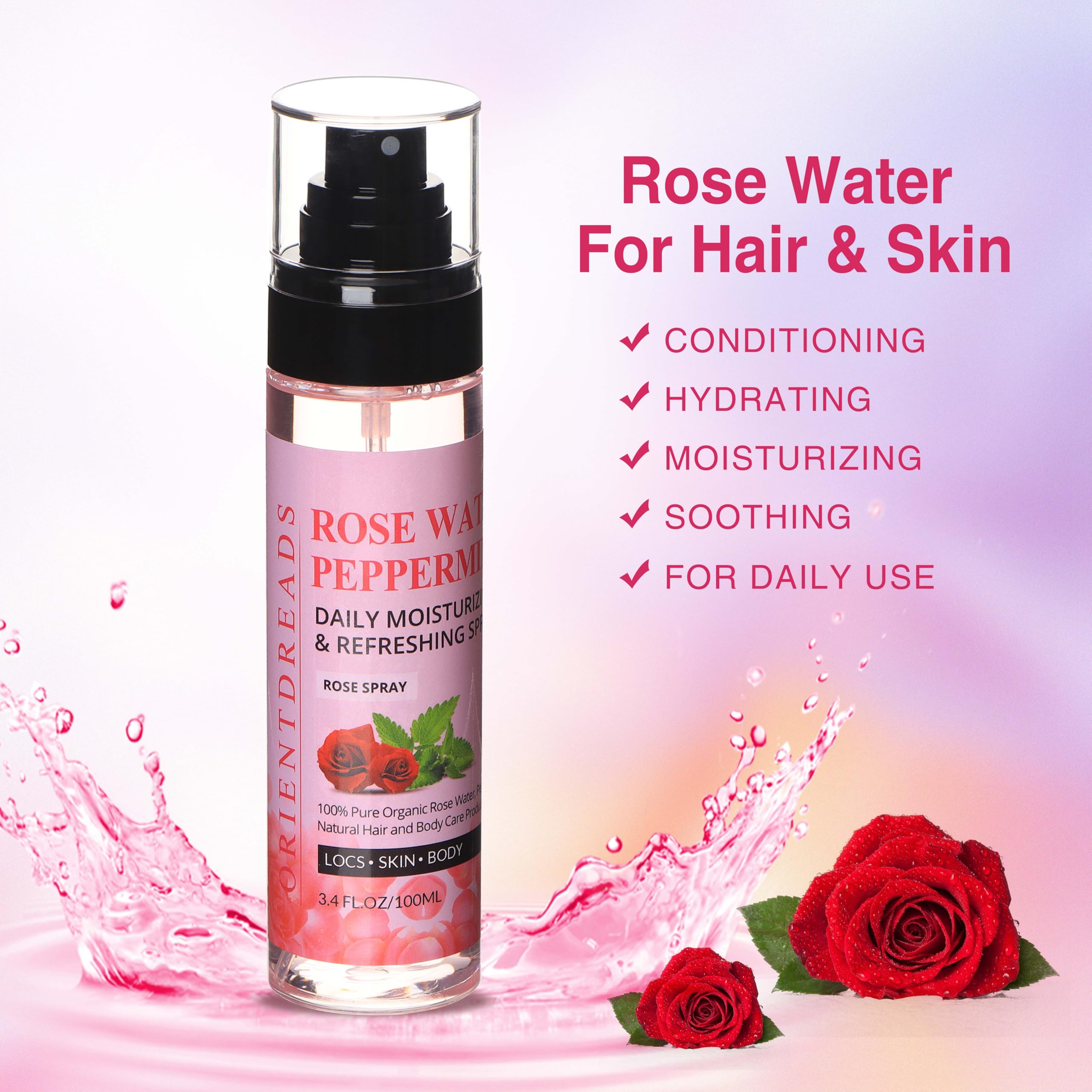 Orientdreads rose water mist spray on locs to seal moisture and reduce frizz.