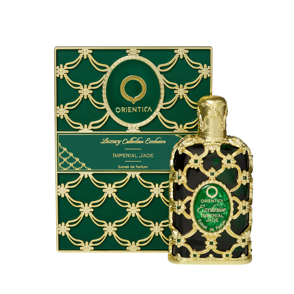 Orientica Imperial Jade bottle glows emerald green, a premium centerpiece for fragrance lovers