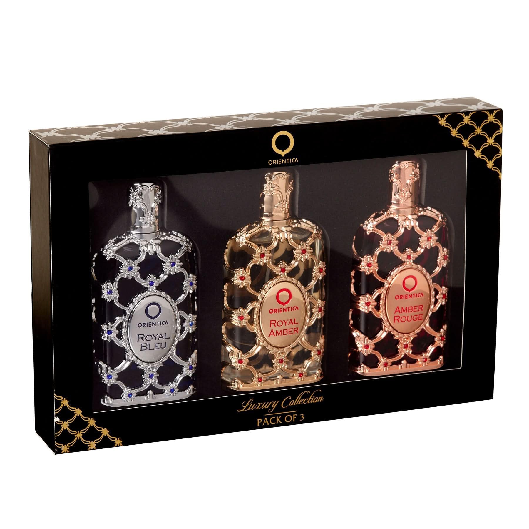 Orientica Luxury Collection 3pc gift set featuring Amber Rouge, Royal Amber, and Royal Bleu—great for gifting.
