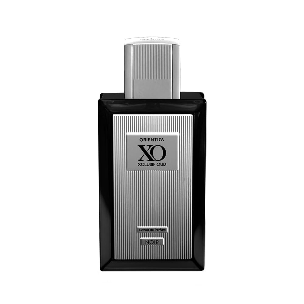 Orientica XO Xclusif Oud Noir gift box presentation conveys premium fragrance.