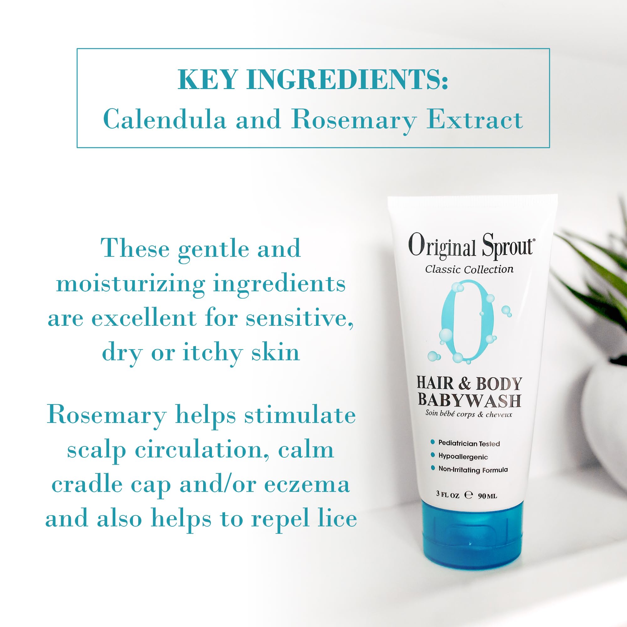 Original Sprout calendula rosemary ingredients close-up, soothing botanical extracts